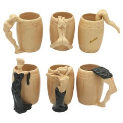 Vintage 6 Complete Set "Strip Tease- Eye Appeal" Ceramic Barware Mugs by Dorothy Kindell
