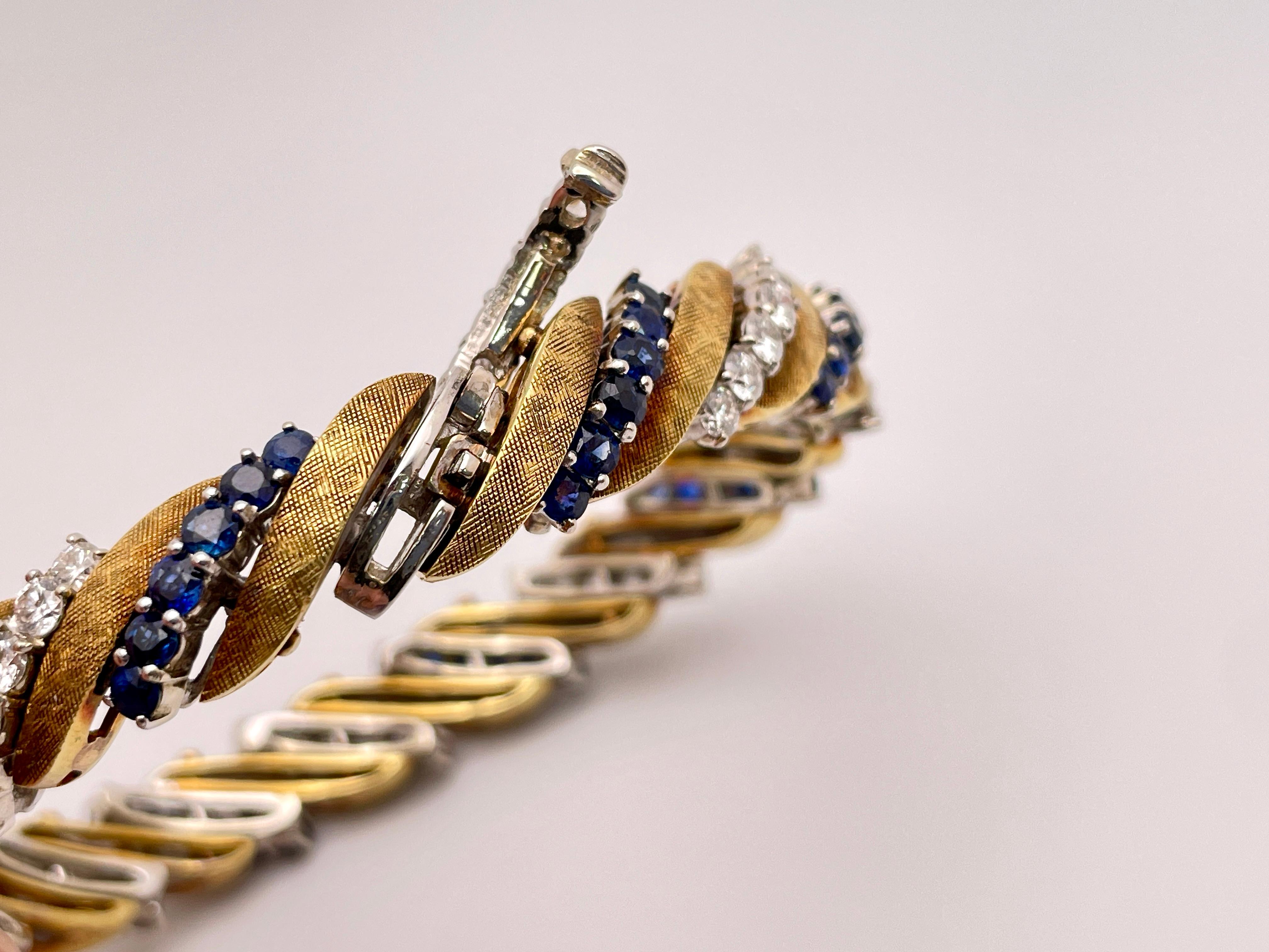 6 CT Diamond and Sapphire Yellow and White Gold Link Bracelet For Sale 11
