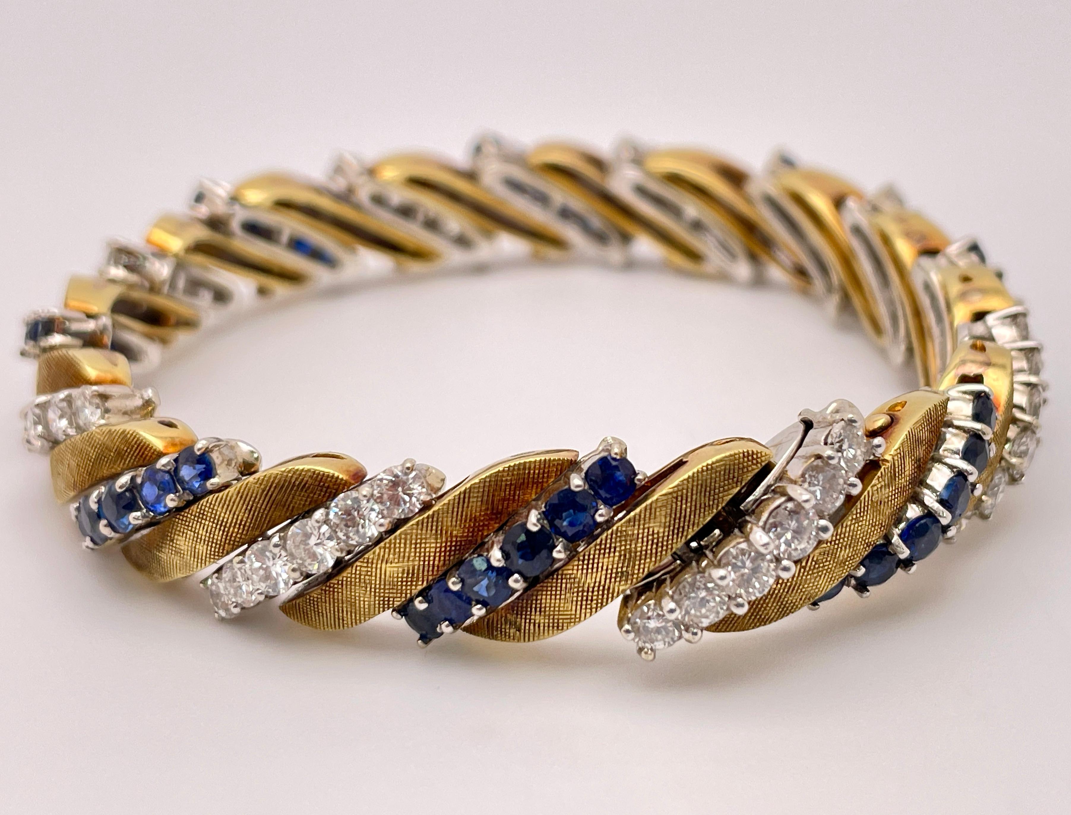 6 CT Diamond and Sapphire Yellow and White Gold Link Bracelet For Sale 14