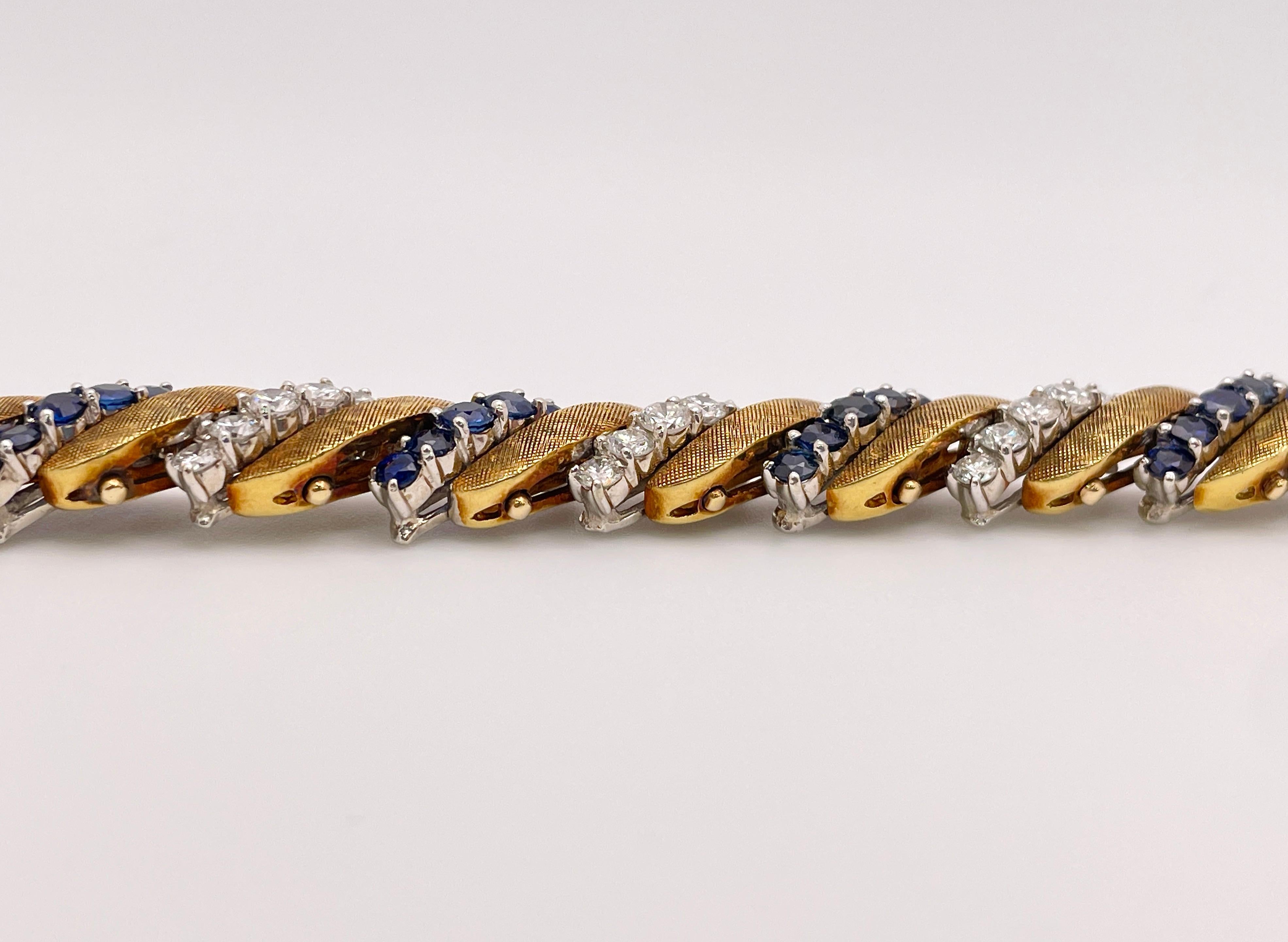 6 CT Diamond and Sapphire Yellow and White Gold Link Bracelet For Sale 1