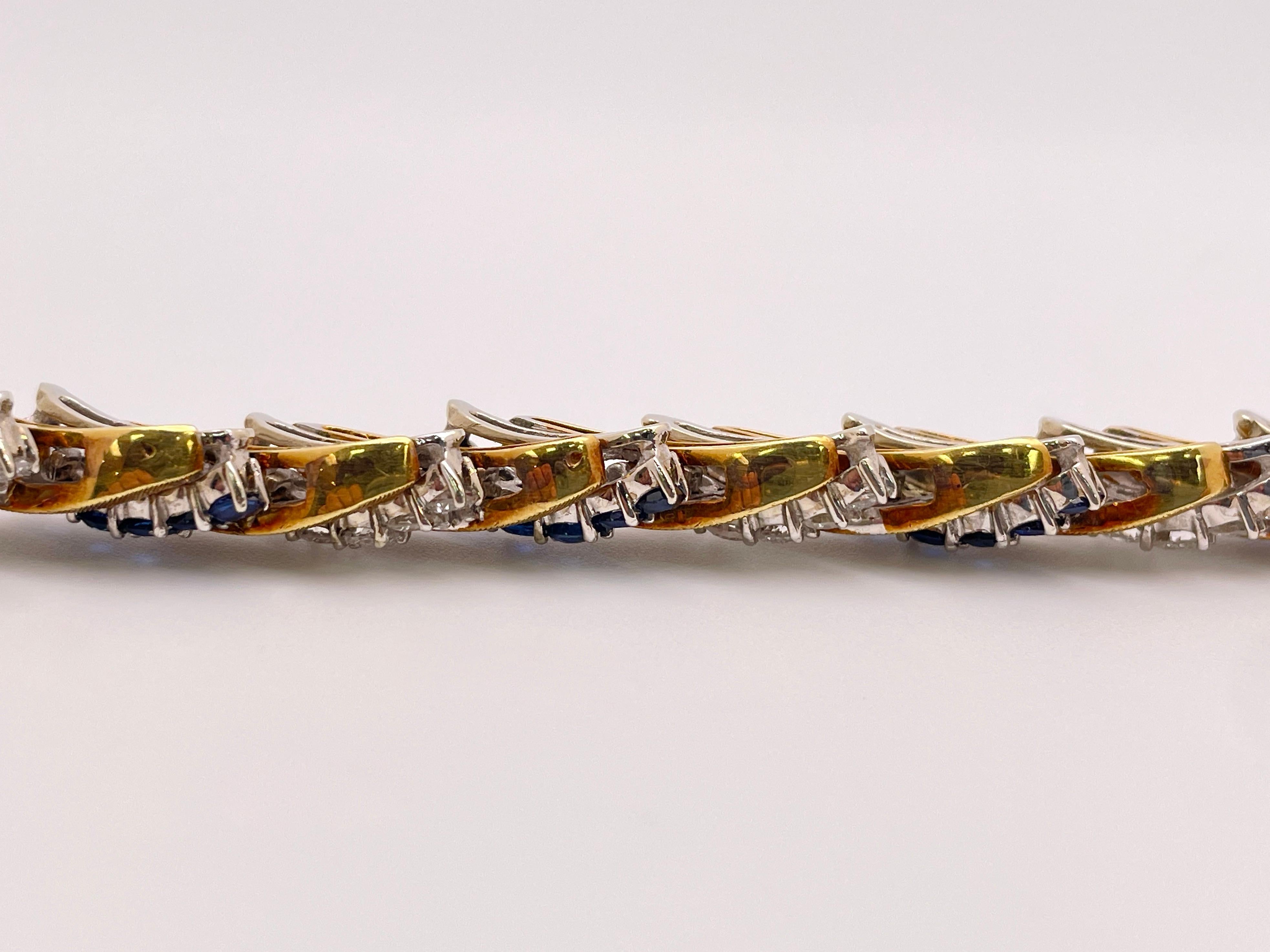 6 CT Diamond and Sapphire Yellow and White Gold Link Bracelet For Sale 2