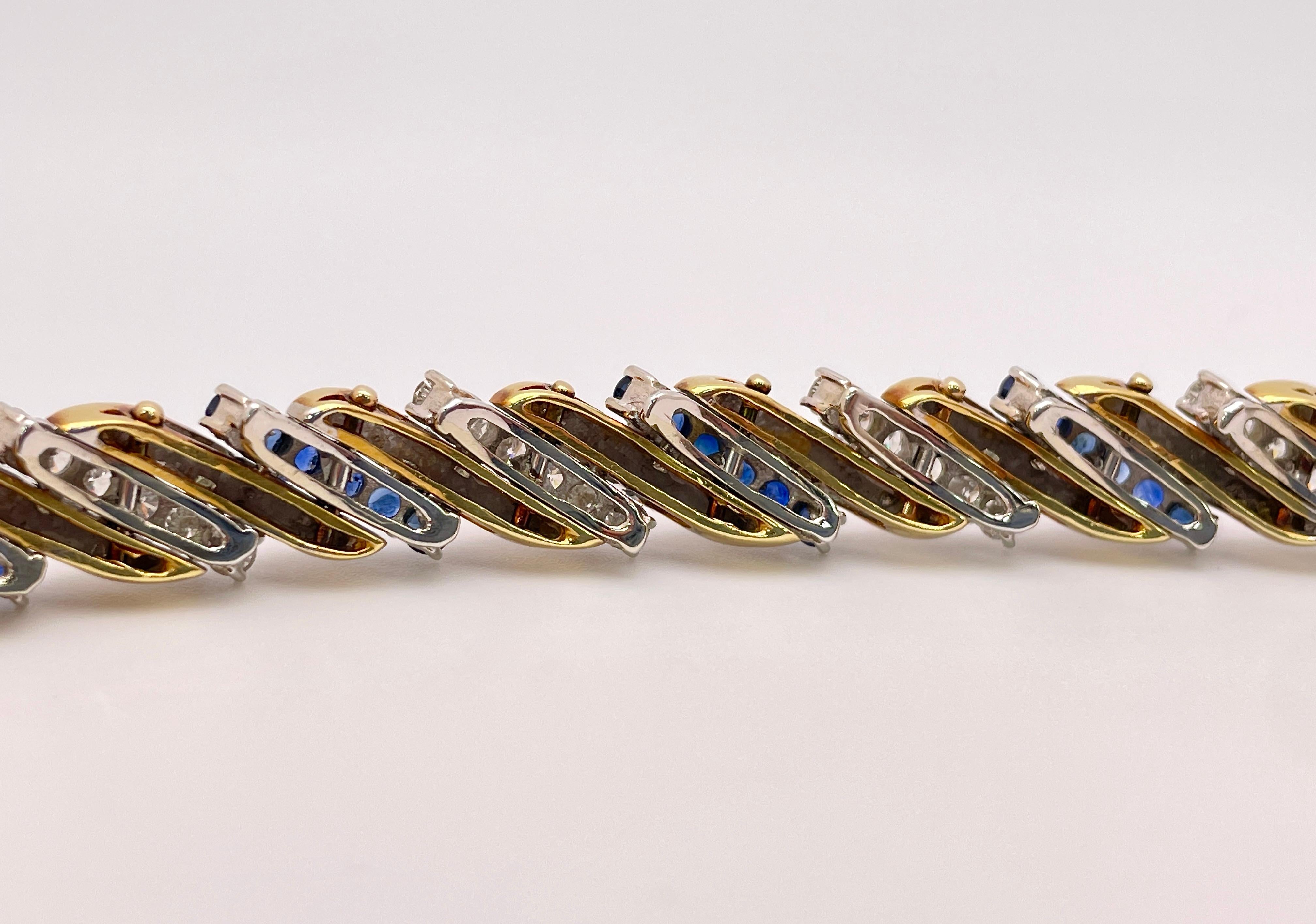 6 CT Diamond and Sapphire Yellow and White Gold Link Bracelet For Sale 3
