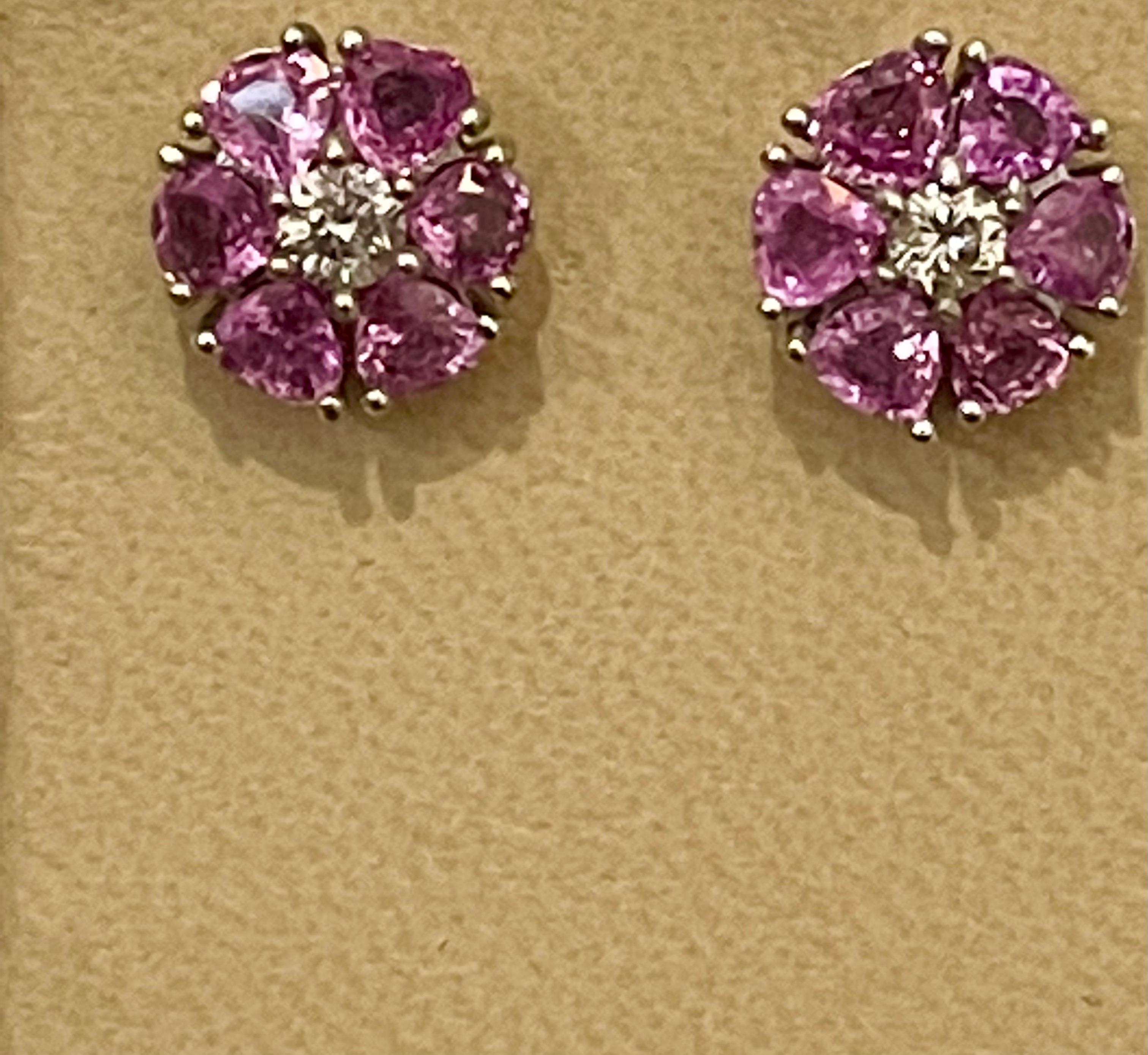 6 Ct Heart Shape Pink Sapphire & Diamonds Flower Earrings 14 Karat White Gold 5
