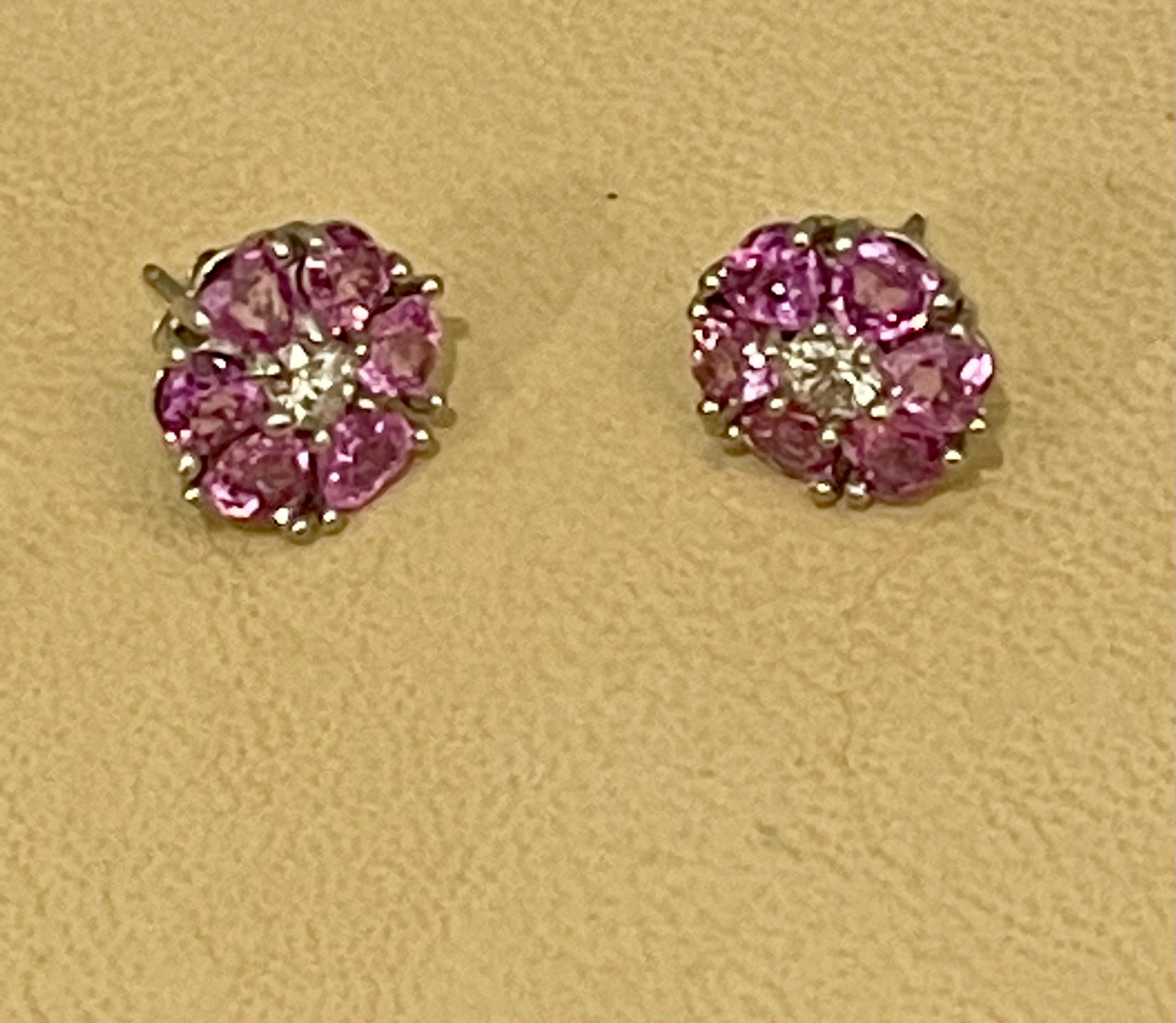 6 Ct Heart Shape Pink Sapphire & Diamonds Flower Earrings 14 Karat White Gold 6