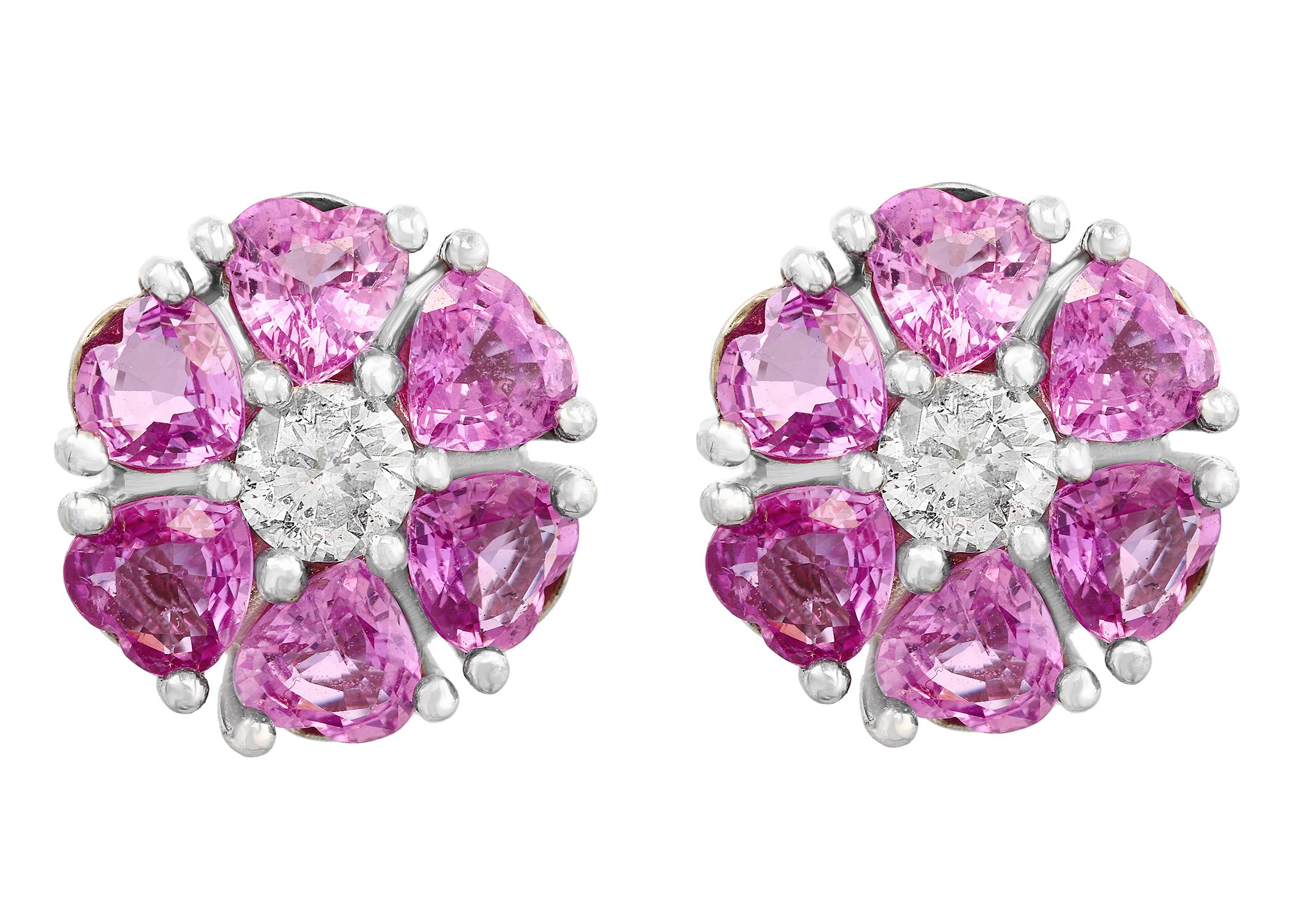 6 Ct Heart Shape Pink Sapphire & Diamonds Flower Earrings 14 Karat White Gold 9