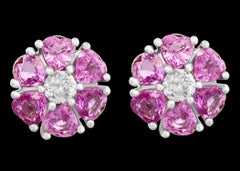 6 Ct Heart Shape Pink Sapphire & Diamonds Flower Earrings 14 Karat White Gold