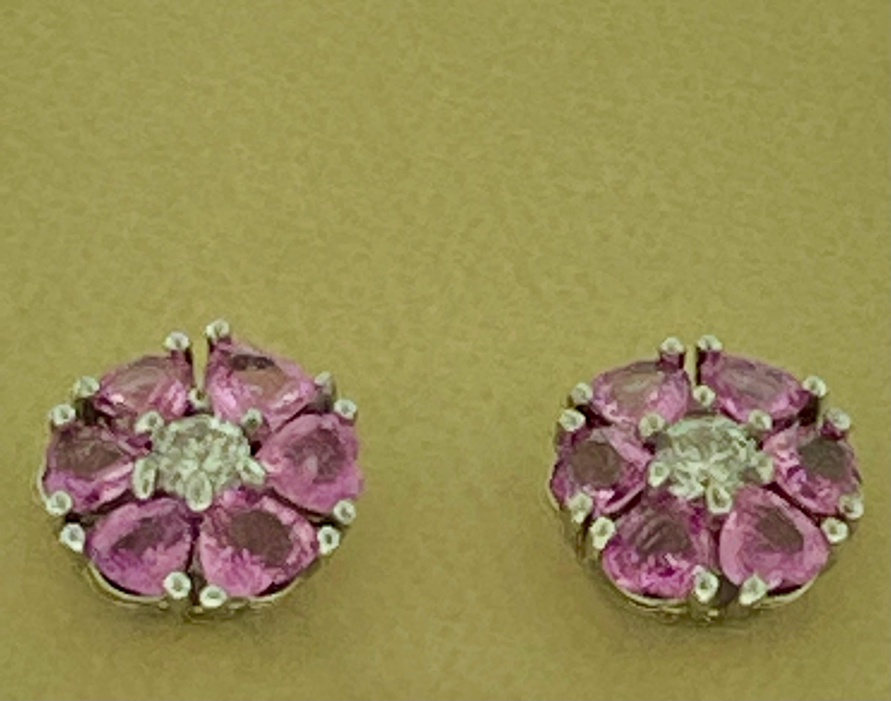 6 Ct Heart Shape Pink Sapphire & Diamonds Flower Earrings 14 Karat White Gold 3