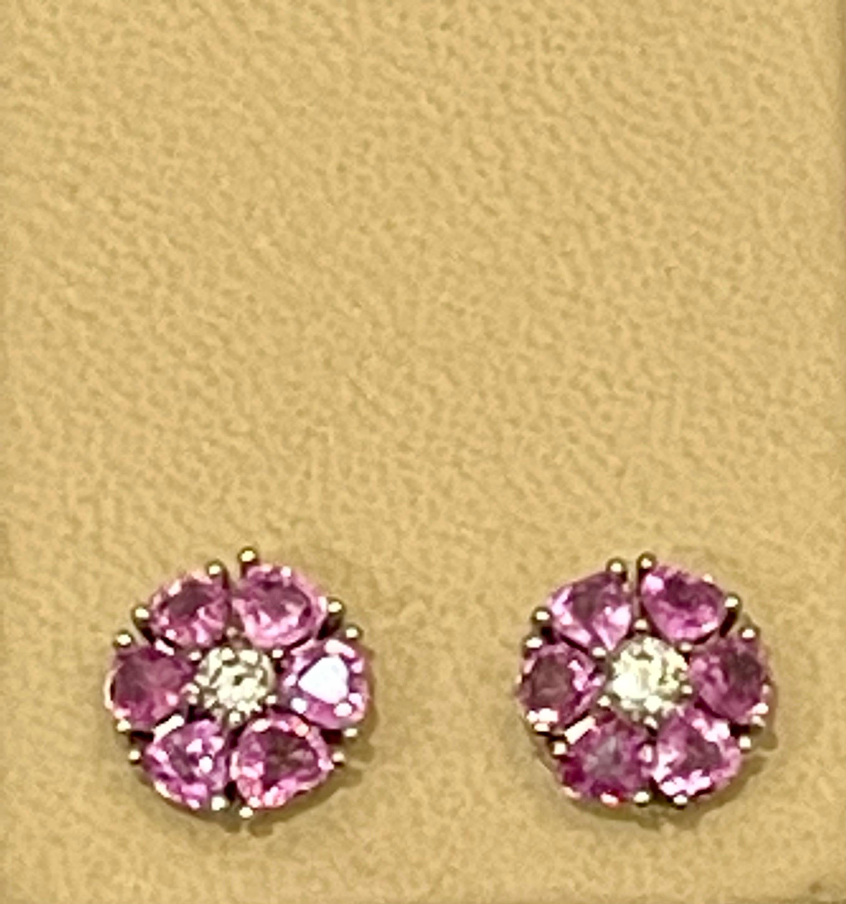 6 Ct Heart Shape Pink Sapphire & Diamonds Flower Earrings 14 Karat White  Gold