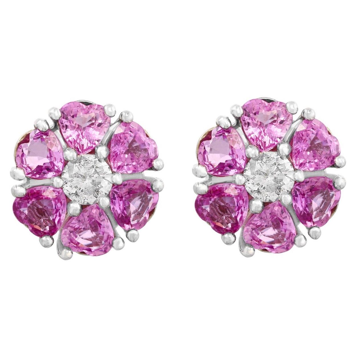 6 Ct Heart Shape Pink Sapphire & Diamonds Flower Earrings 14 Karat White Gold