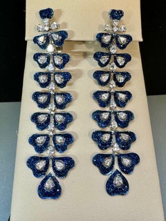 6 Ct Natural Blue Sapphire & 3 Ct Diamond hanging Earrings 18Kt White Gold 3"