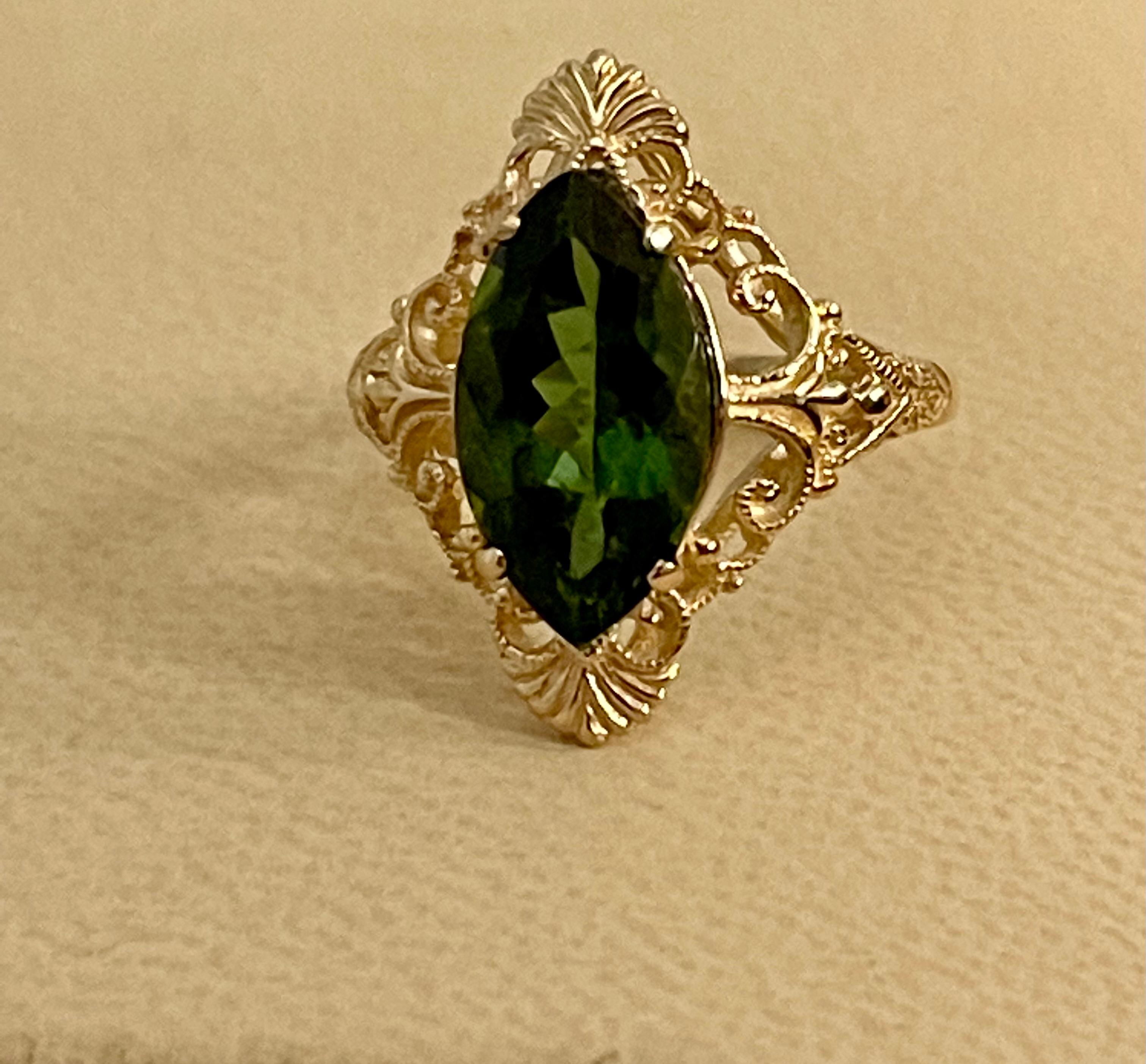 6 Ct Natural Marquise Cut Green Tourmaline Ring in 14 Karat Yellow Gold For Sale 6