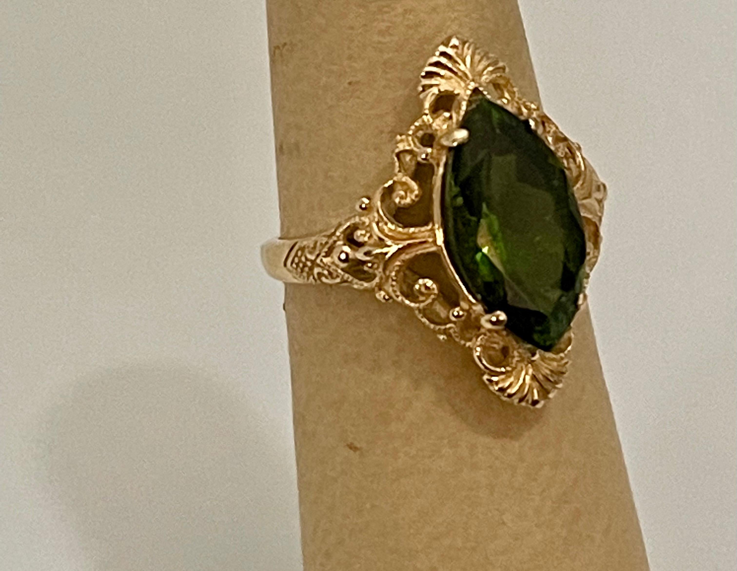 6 Ct Natural Marquise Cut Green Tourmaline Ring in 14 Karat Yellow Gold For Sale 1