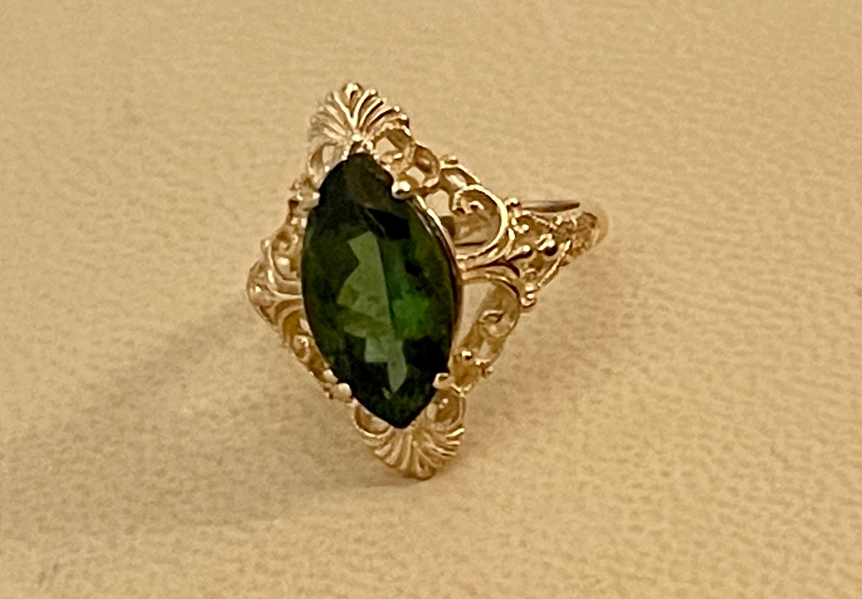 6 Ct Natural Marquise Cut Green Tourmaline Ring in 14 Karat Yellow Gold For Sale 4