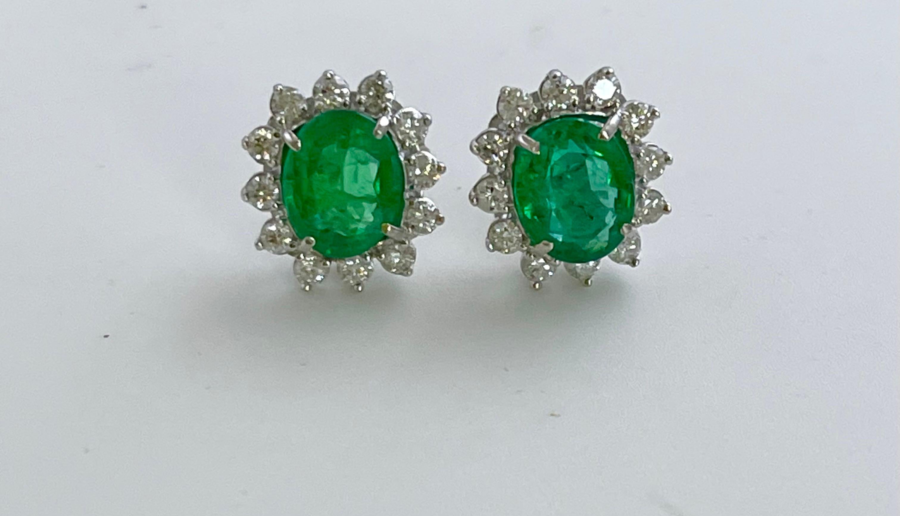 8 Ct Oval Colombian Emerald & 2.5 Ct Diamond Post Back Earrings 18 Kt White Gold For Sale 6