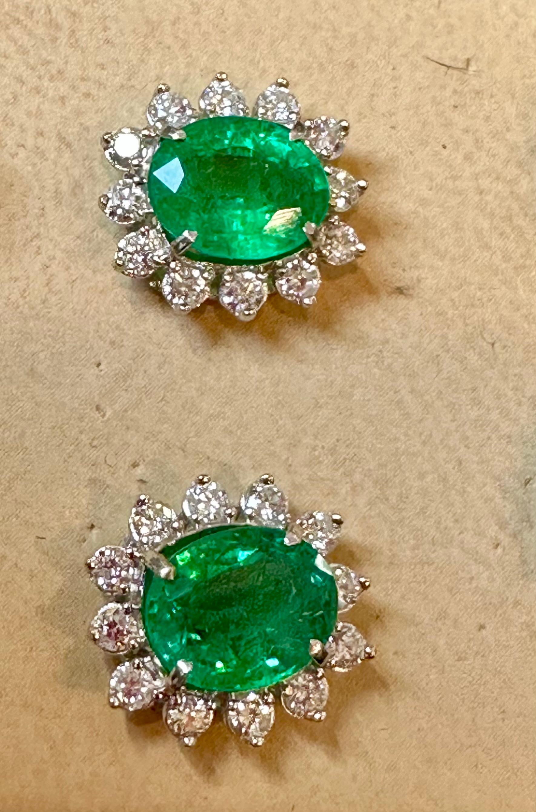 8 Ct Oval Colombian Emerald & 2.5 Ct Diamond Post Back Earrings 18 Kt White Gold For Sale 7