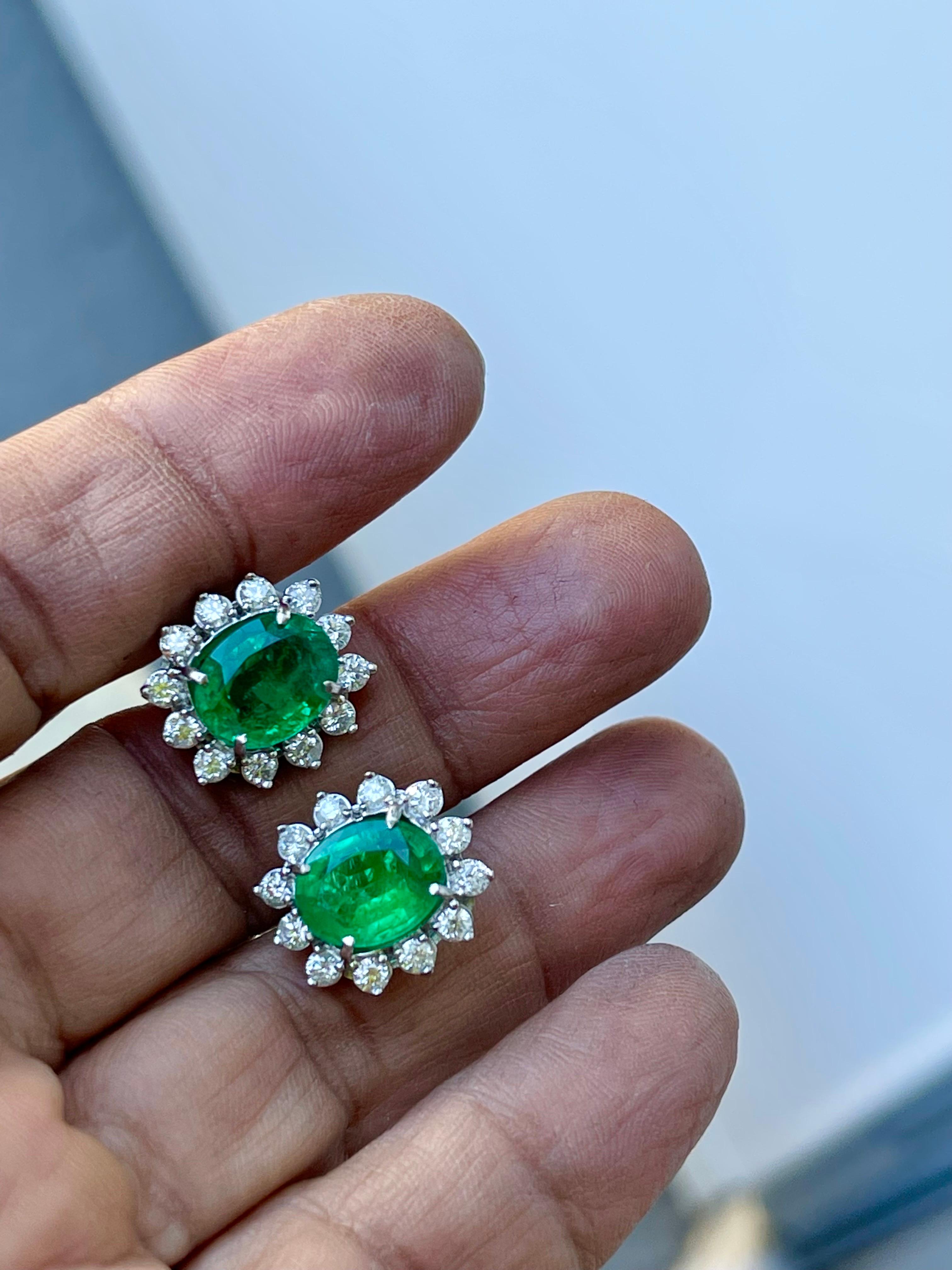 8 Karat ovaler kolumbianischer Smaragd & 2,5 Karat Diamant-Ohrringe mit Post-Rücken aus 18 Karat Weißgold (Ovalschliff) im Angebot