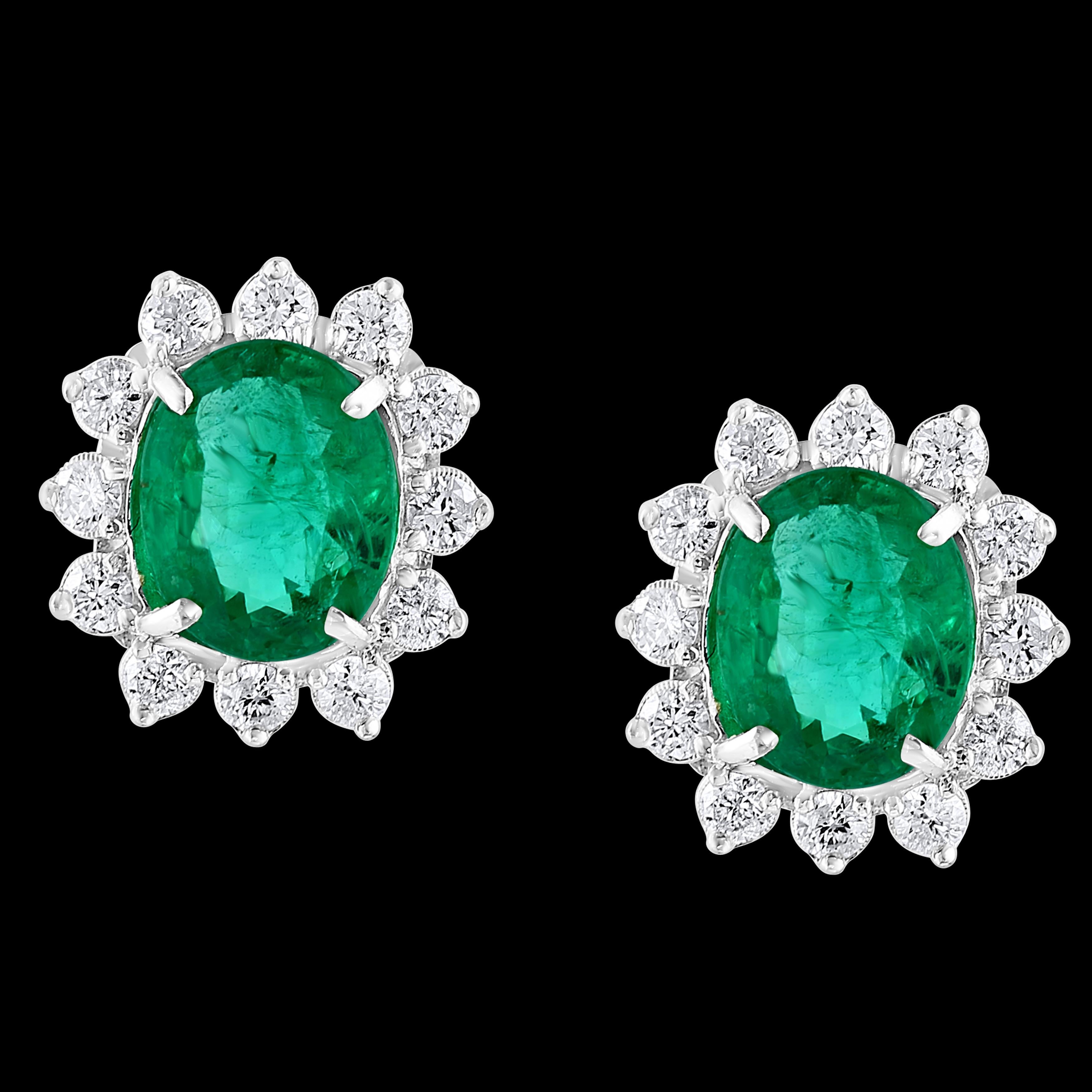 8 Ct Oval Colombian Emerald & 2.5 Ct Diamond Post Back Earrings 18 Kt White Gold In Excellent Condition For Sale In New York, NY