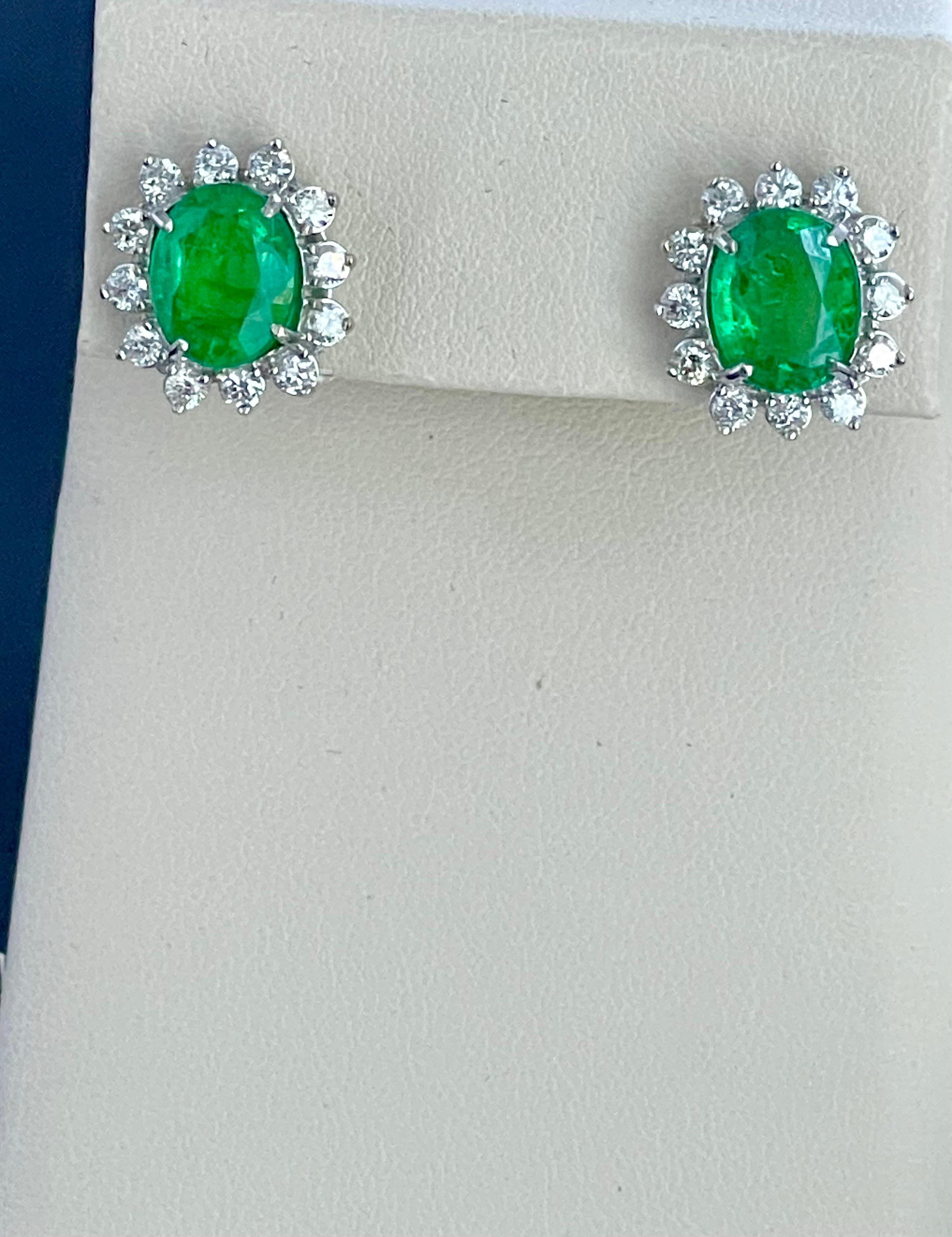 8 Ct Oval Colombian Emerald & 2.5 Ct Diamond Post Back Earrings 18 Kt White Gold For Sale 1