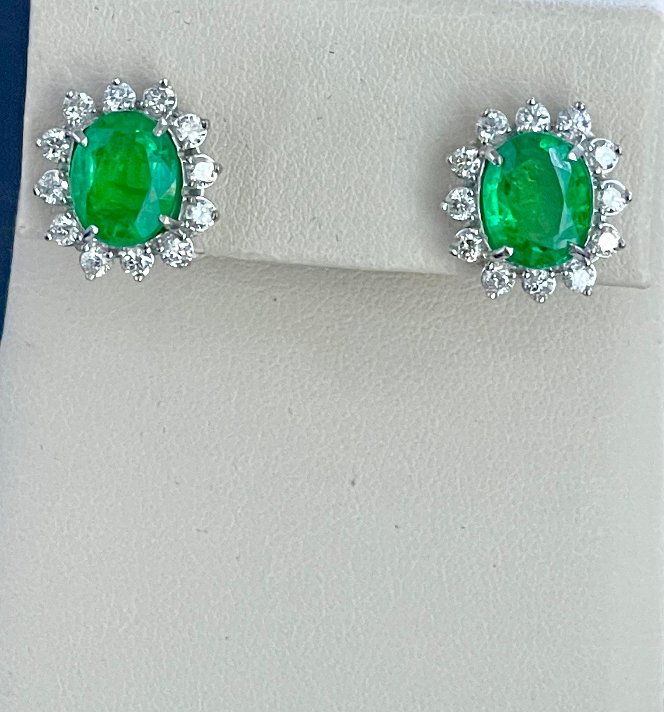8 Ct Oval Colombian Emerald & 2.5 Ct Diamond Post Back Earrings 18 Kt White Gold For Sale 4