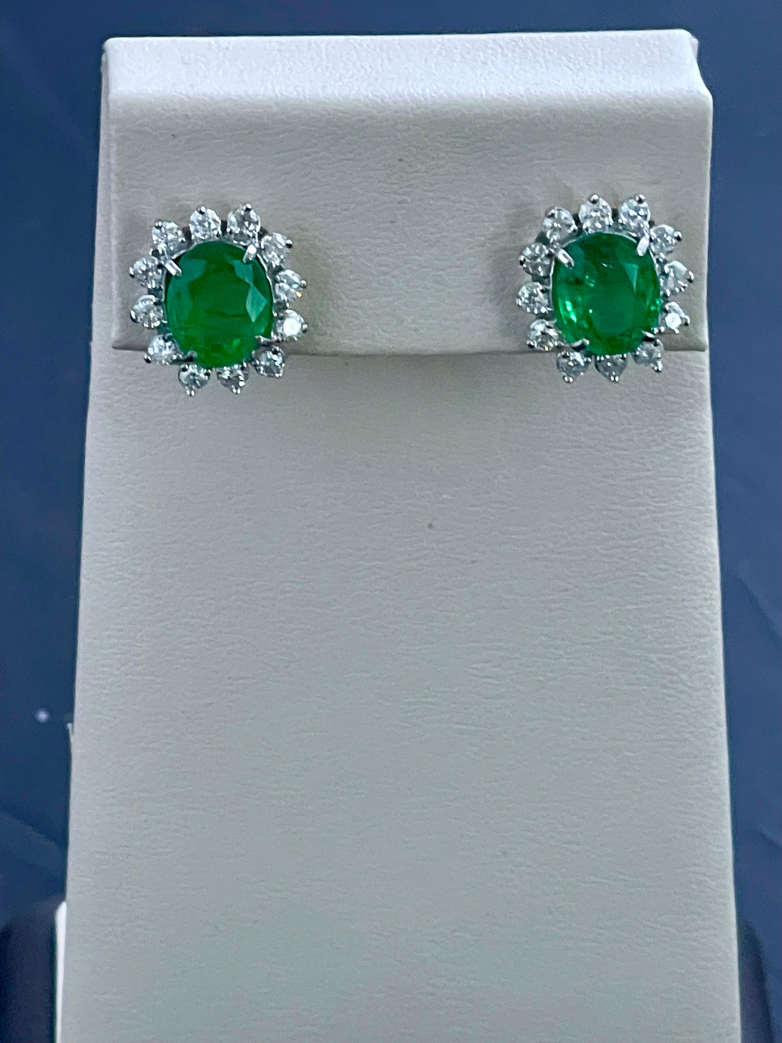 8 Ct Oval Colombian Emerald & 2.5 Ct Diamond Post Back Earrings 18 Kt White Gold For Sale 5
