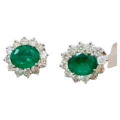 6 Ct Oval Shape Emerald & 3 Ct Diamond Post Back Earrings 14 Karat White Gold