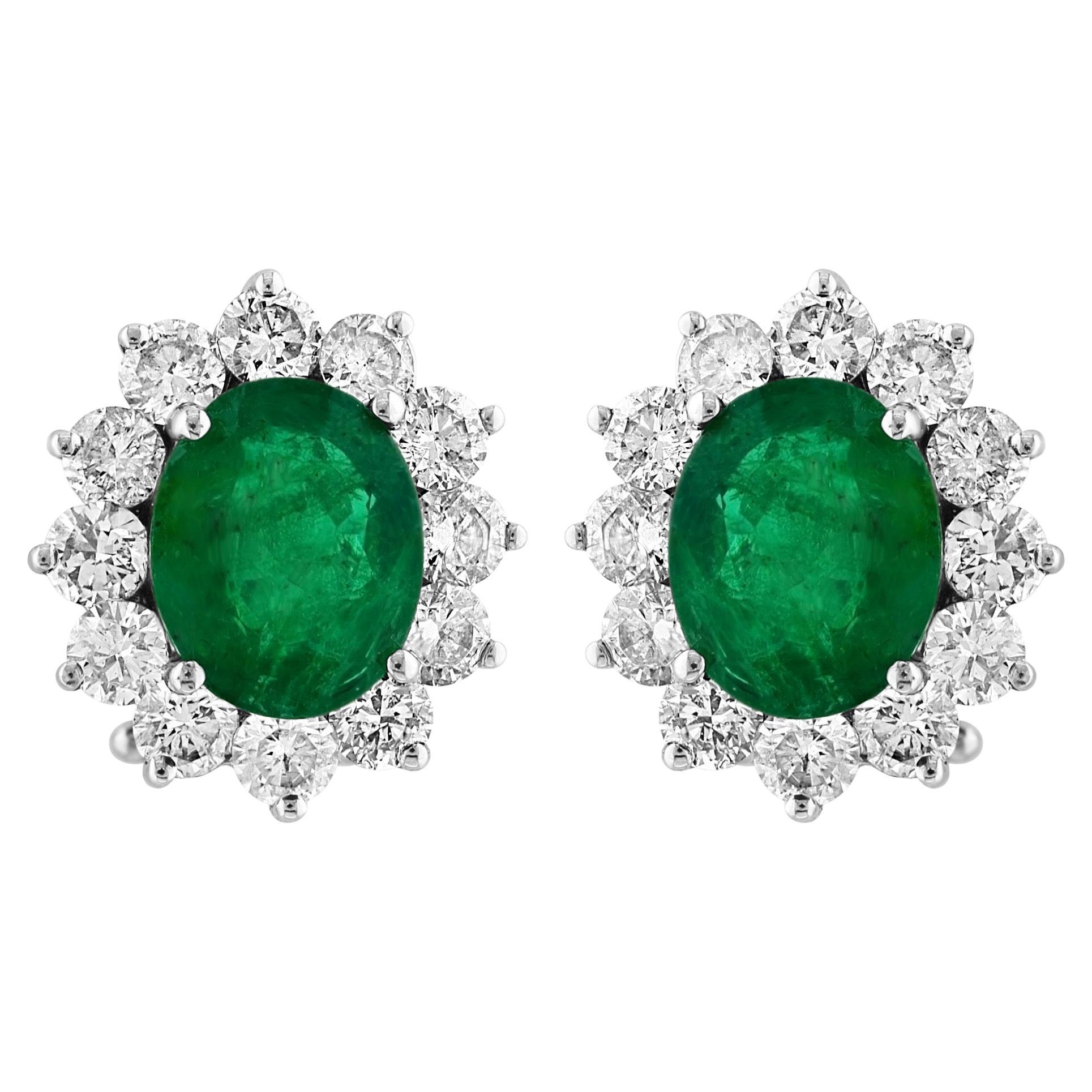 6 Ct Oval Shape Emerald & 3 Ct Diamond Post Back Earrings 14 Karat White Gold