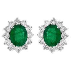 6 Ct Oval Shape Emerald & 3 Ct Diamond Post Back Earrings 14 Karat White Gold