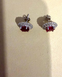 6 Ct Oval Treated Ruby & 2 Ct Double Halo Diamond Stud Earrings 14K White Gold