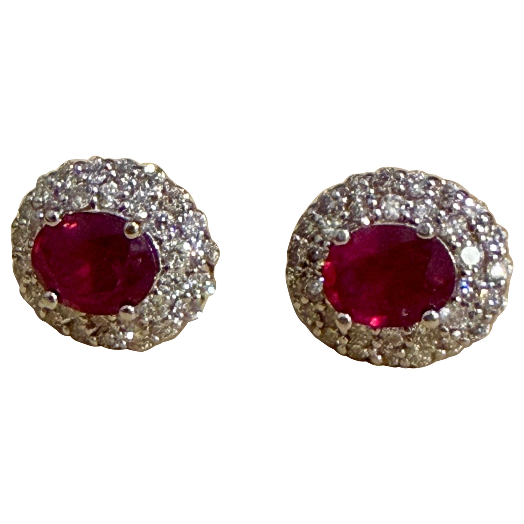 6 Ct Oval Treated Ruby & 2 Ct Double Halo Diamond Stud Earrings 14K White Gold