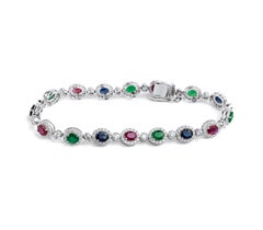 Pulsera de oro de 18 quilates con halo de esmeralda ovalada natural de 6 qt, zafiro azul y diamante rubí