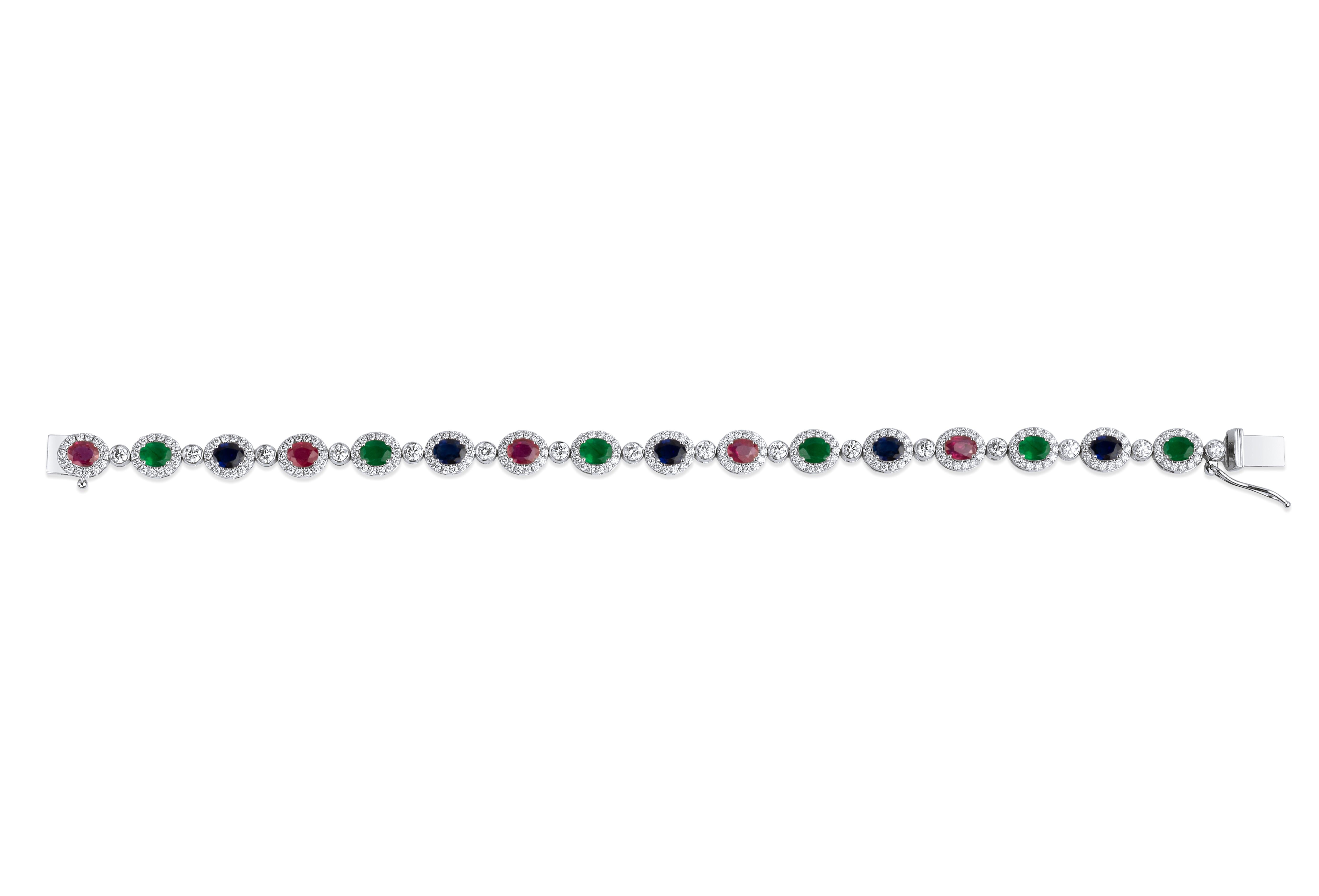 6 Ctw Oval Cut Natural Emerald, Sapphire Ruby Diamond Bracelet in 18k White Gold In New Condition For Sale In Jaipur, RJ