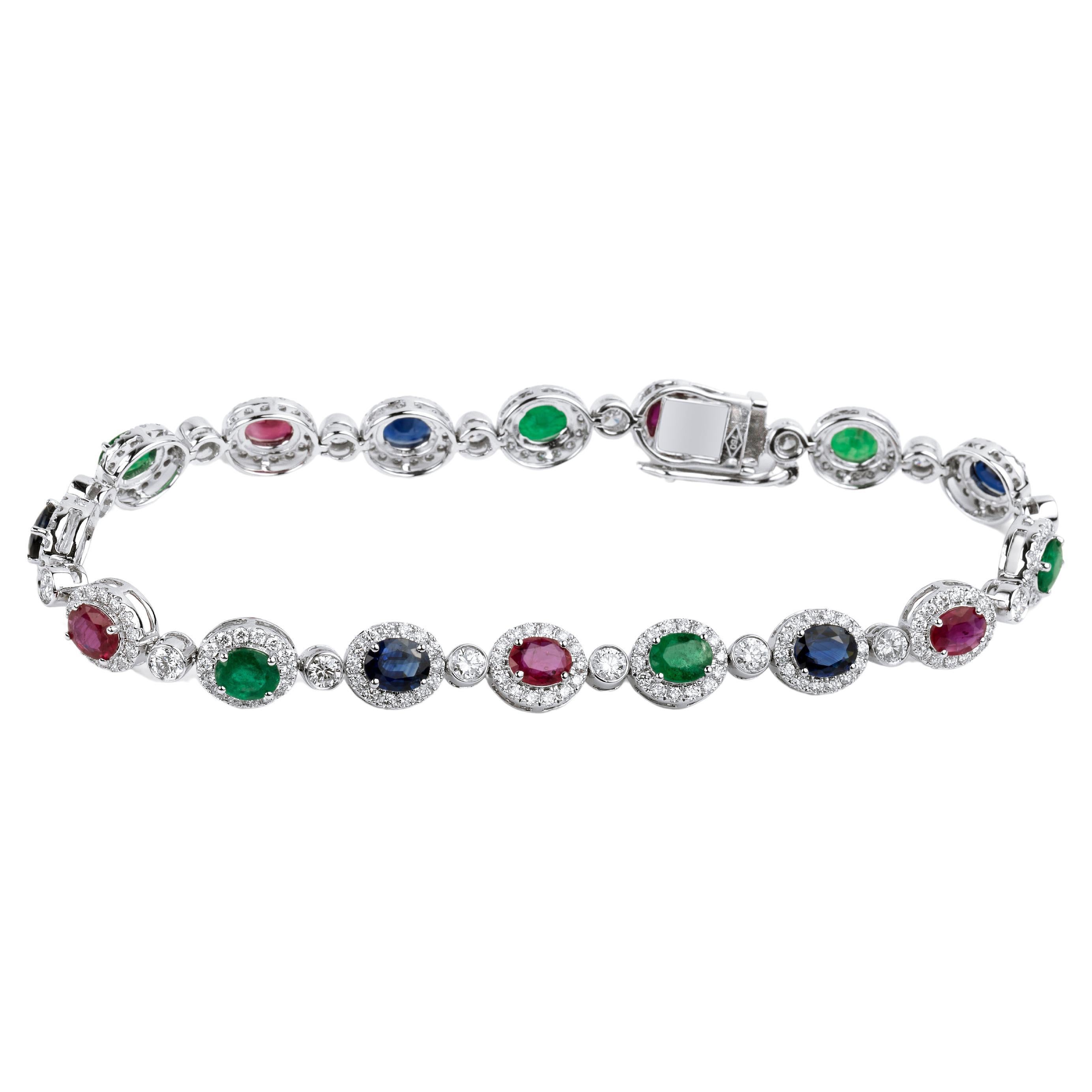 6 Ctw Oval Cut Natural Emerald, Sapphire Ruby Diamond Bracelet in 18k White Gold For Sale