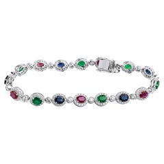 6 Ctw Oval Cut Natural Emerald, Sapphire Ruby Diamond Bracelet in 18k White Gold