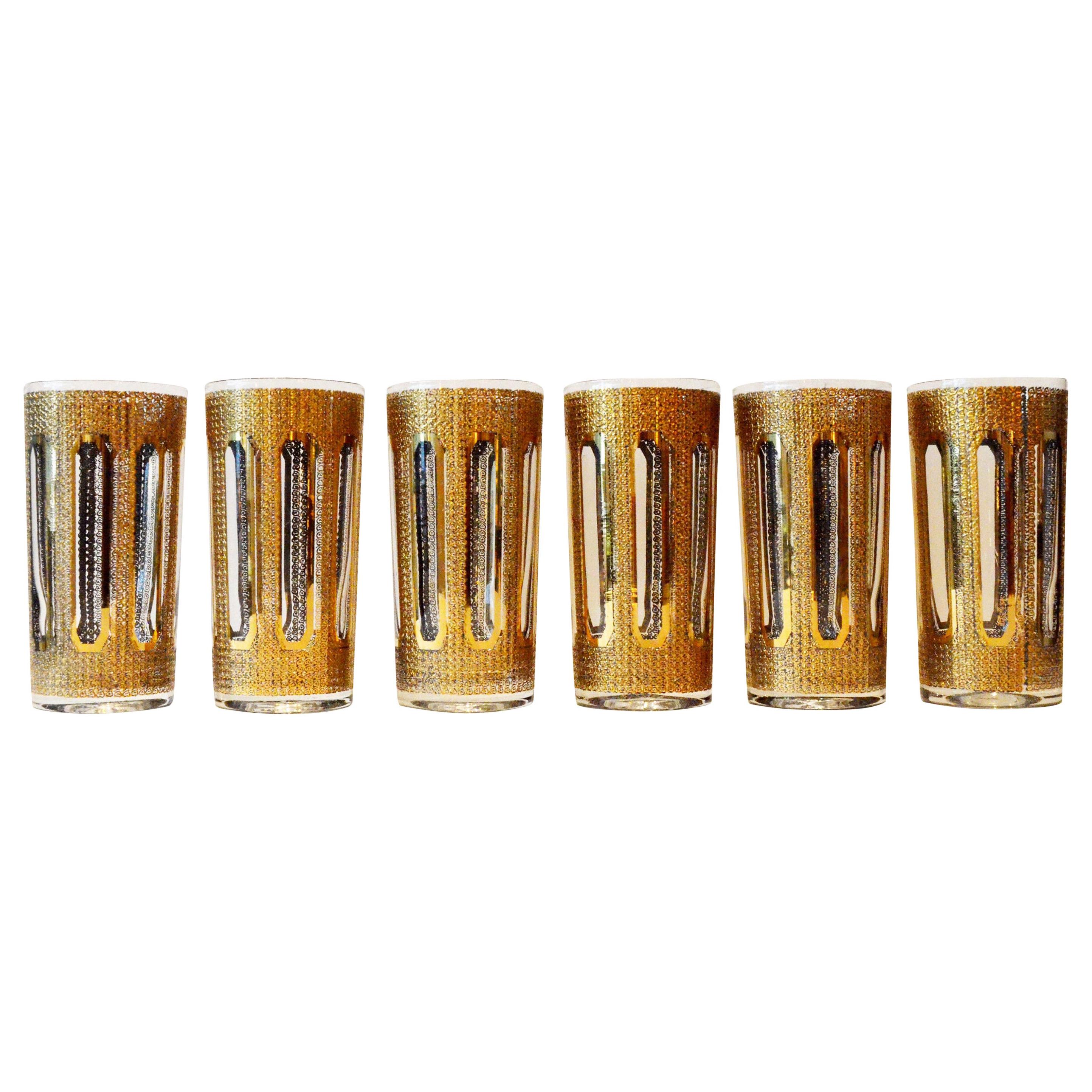 6 Culver Textured Gilt Gold Pattern Over Clear Glass Tall Cocktail Glasses