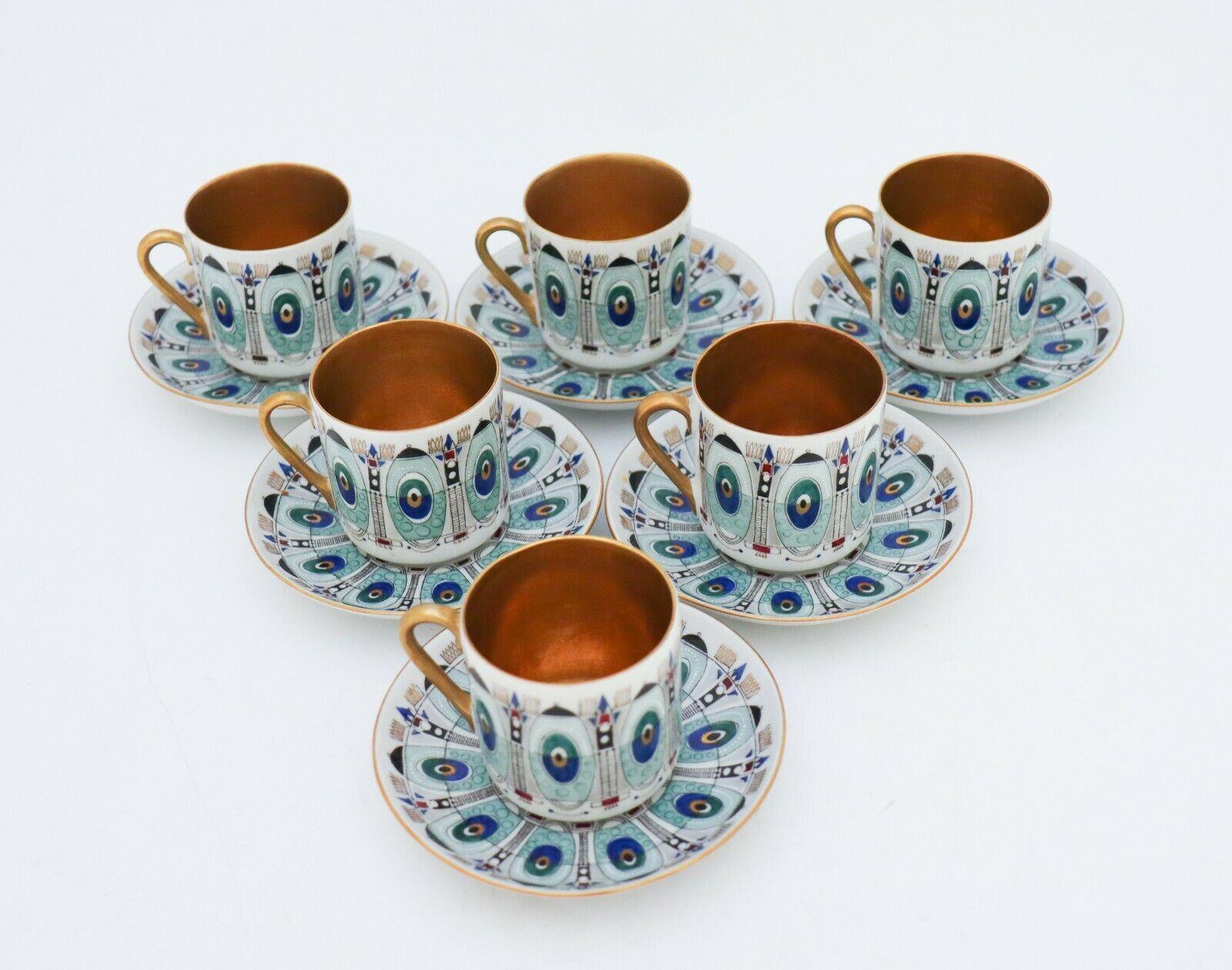 Glazed 6 Cups & Saucers, Eira Gold, Arabia, Raija Liisa Uosikkinen, 1950s Scandinavia For Sale