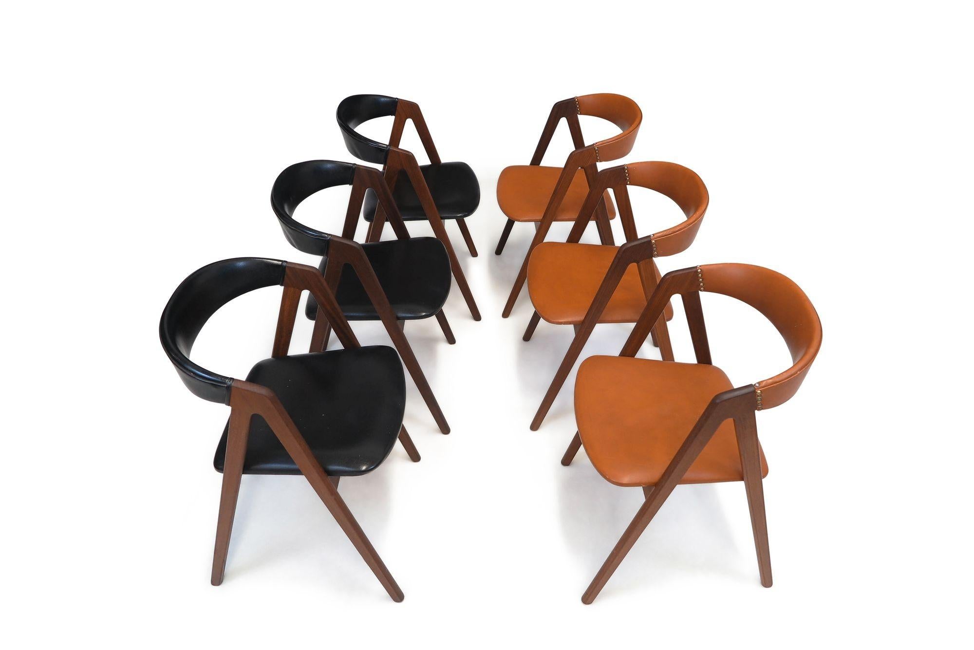 Set of six mid-century Danish solid walnut dining chairs upholstered in the original saddle and black leather.
Professionally restored wood frames. The chairs can be used in its original state, or be full reupholstered.
18+ chairs