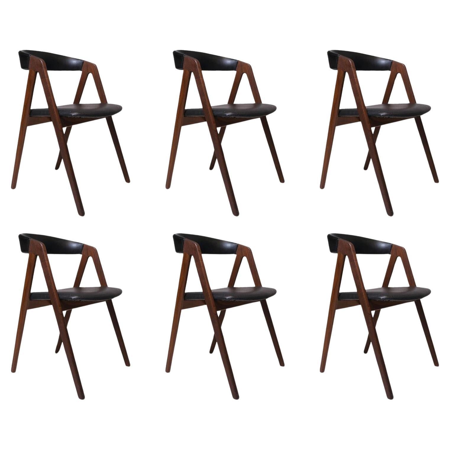 6 Danish A-frame Walnut Dining Chairs in Original Black Vinyl