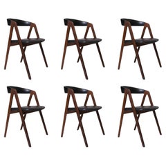 6 Danish A-frame Walnut Dining Chairs in Original Black Vinyl
