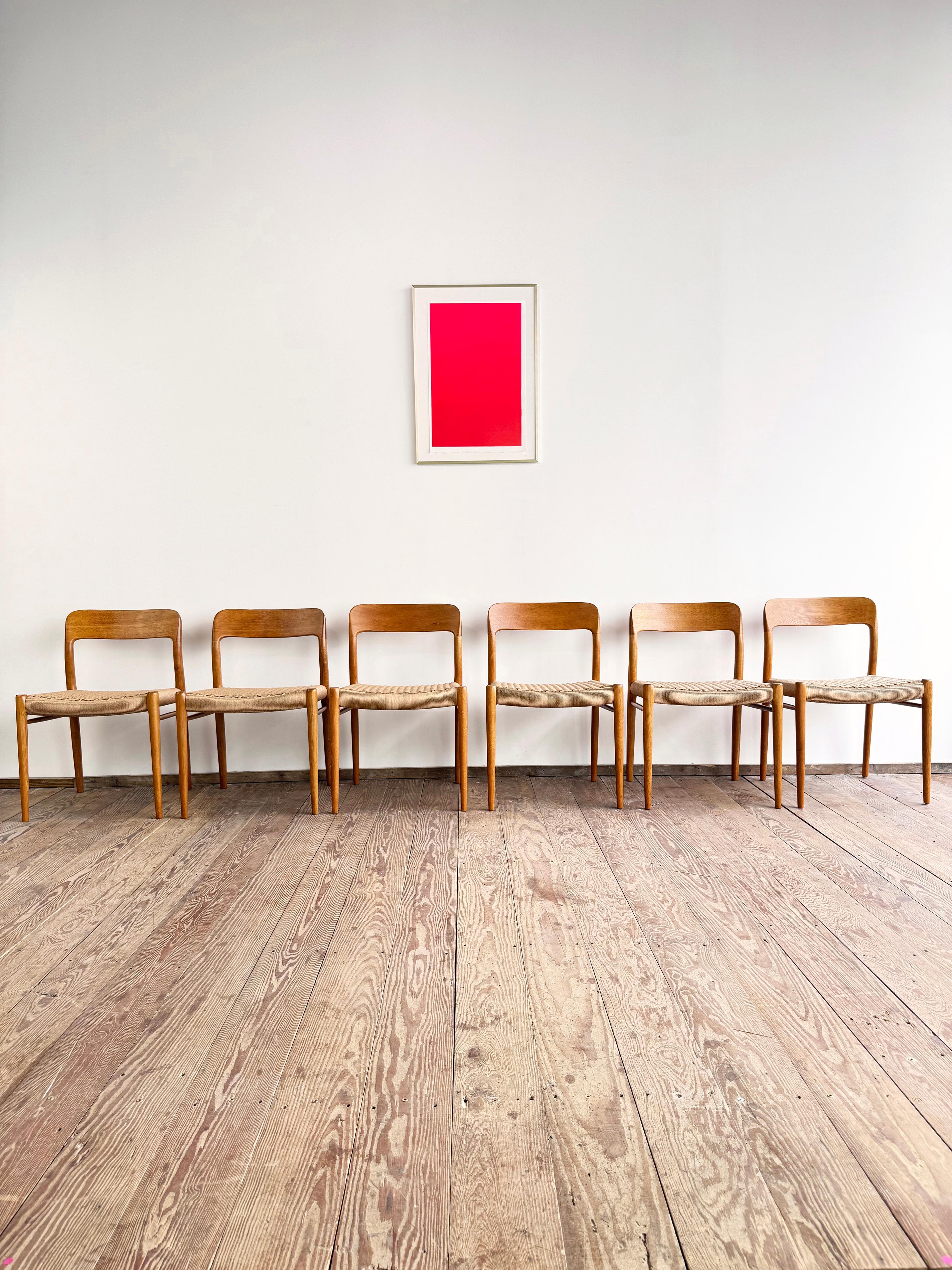 Hand-Carved 6 Danish Mid-Century Modern Oak Dining Chairs #75, Niels O. Møller, J. L. Moller