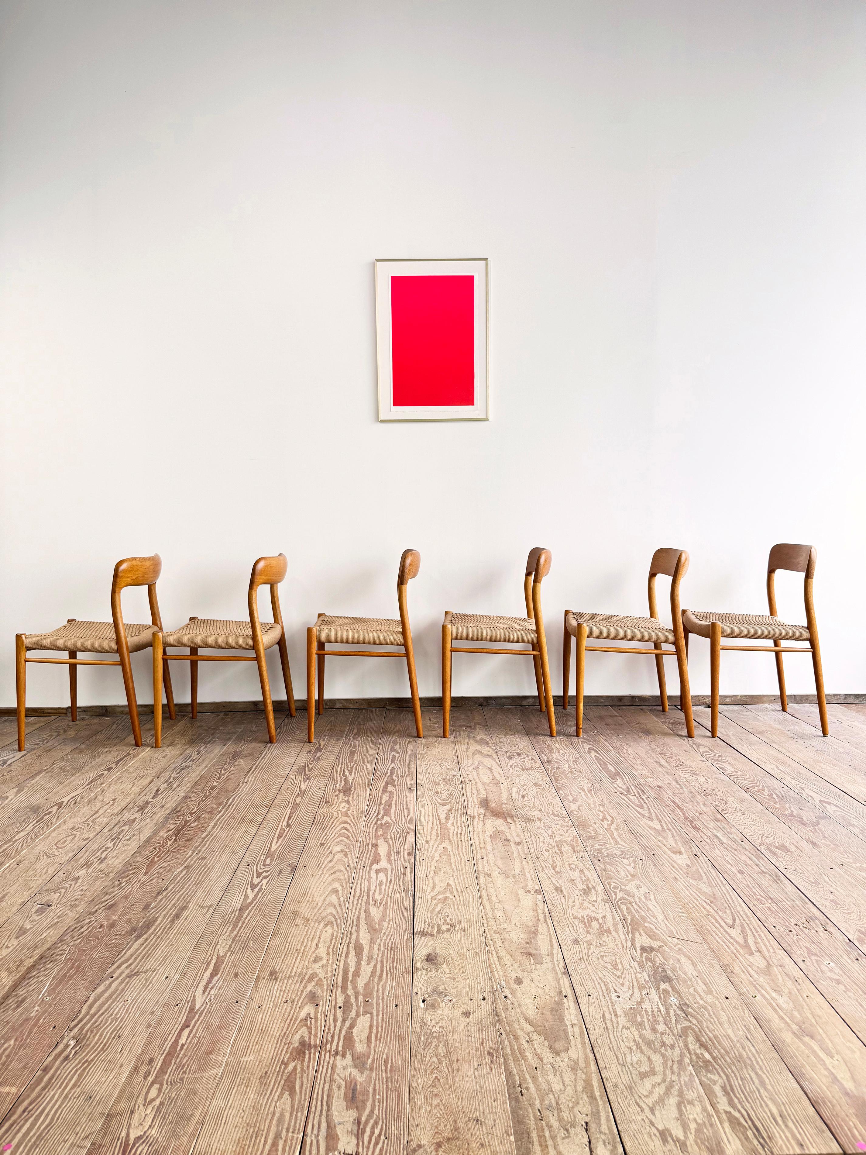 6 Danish Mid-Century Modern Oak Dining Chairs #75, Niels O. Møller, J. L. Moller In Excellent Condition In München, Bavaria