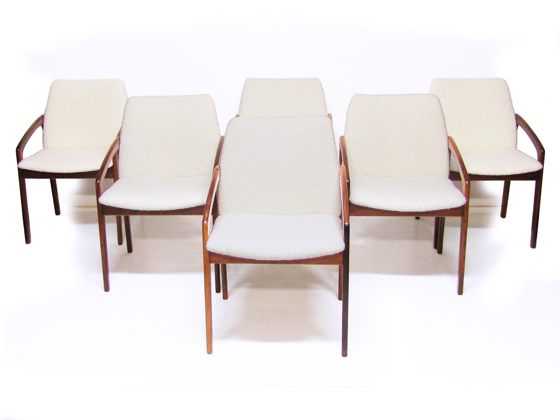 6 Danish Paper Knife Chairs in Rosewood & Ivory Bouclé by Henning Kjaernulf  In Excellent Condition In Shepperton, Surrey
