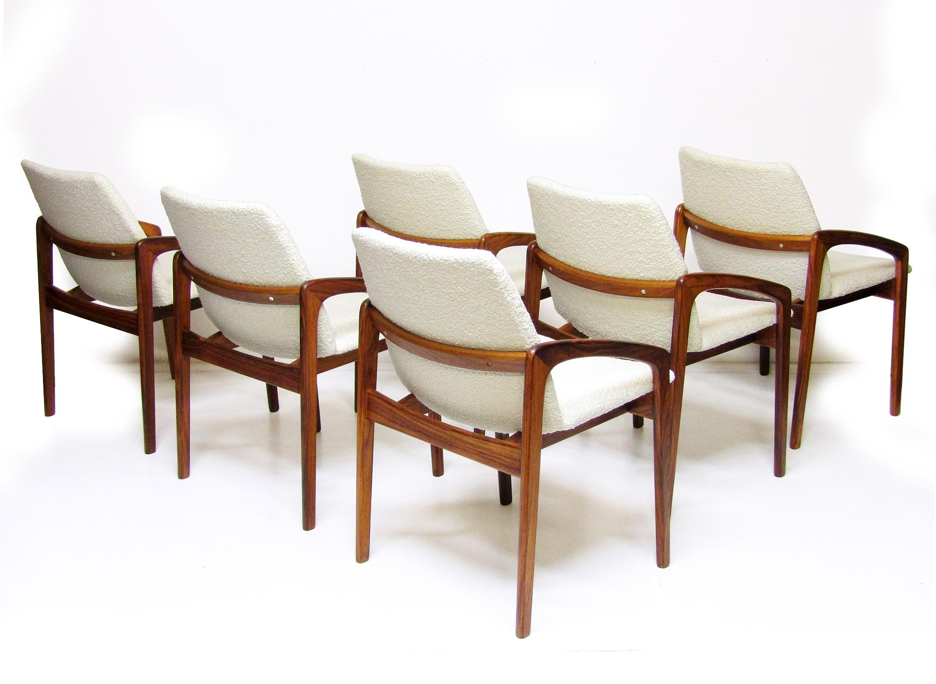20th Century 6 Danish Paper Knife Chairs in Rosewood & Ivory Bouclé by Henning Kjaernulf 