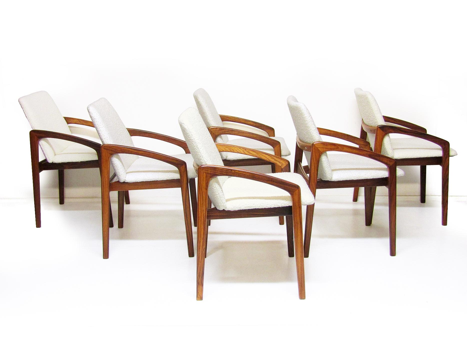 6 Danish Paper Knife Chairs in Rosewood & Ivory Bouclé by Henning Kjaernulf  1