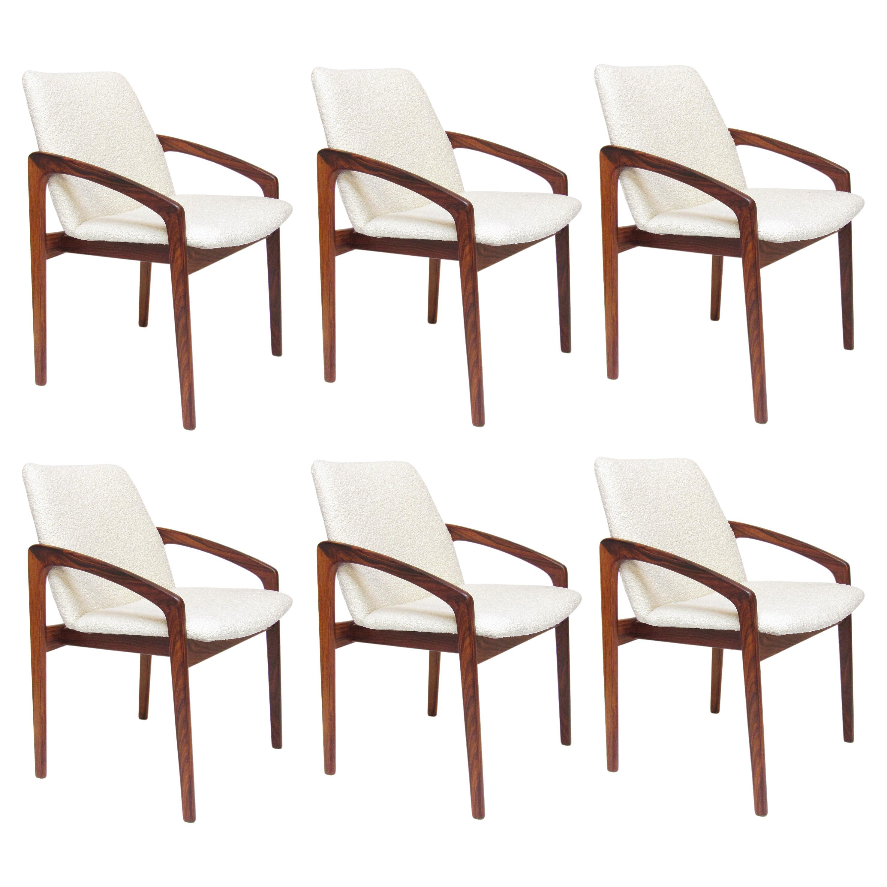 6 Danish Paper Knife Chairs in Rosewood & Ivory Bouclé by Henning Kjaernulf 