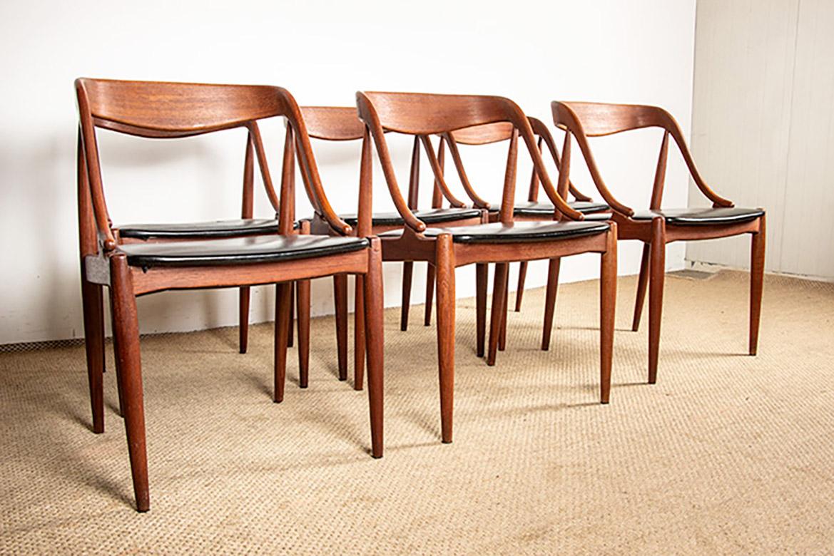 6 sedie danesi in teak e similpelle, modello 16 ohannes Andersen per Uldum 1960. in vendita 12