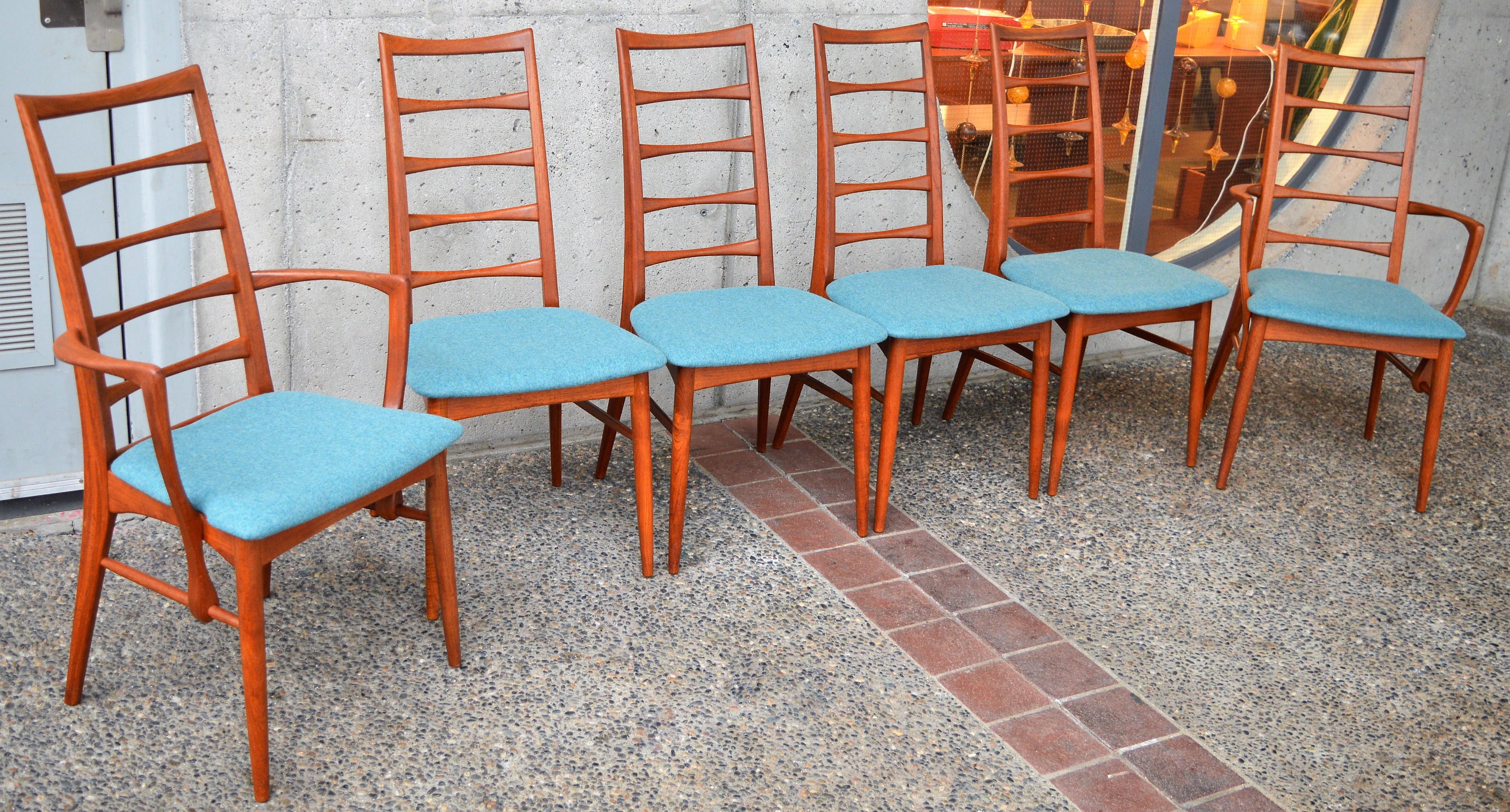 6 Danish Teak Liz Dining Chairs by Koefoeds Hornslet, 2 Armchairs, Blue Wool 4