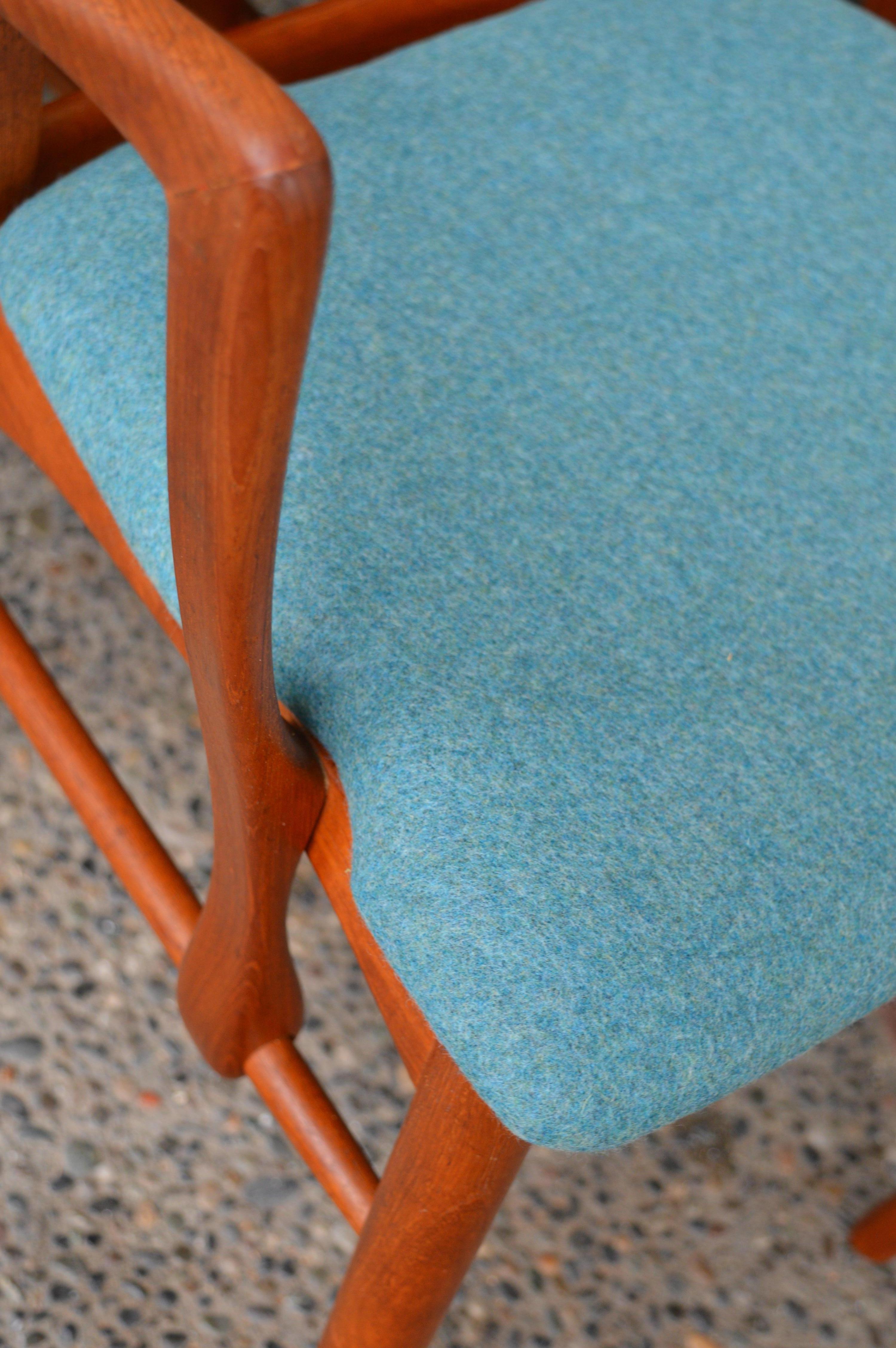 6 Danish Teak Liz Dining Chairs by Koefoeds Hornslet, 2 Armchairs, Blue Wool 6