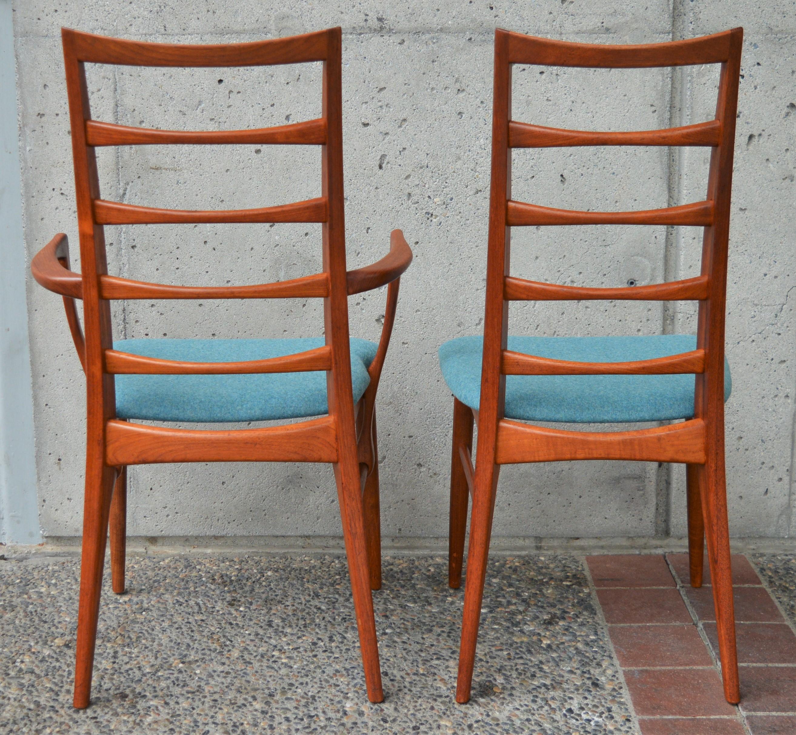 6 Danish Teak Liz Dining Chairs by Koefoeds Hornslet, 2 Armchairs, Blue Wool 7