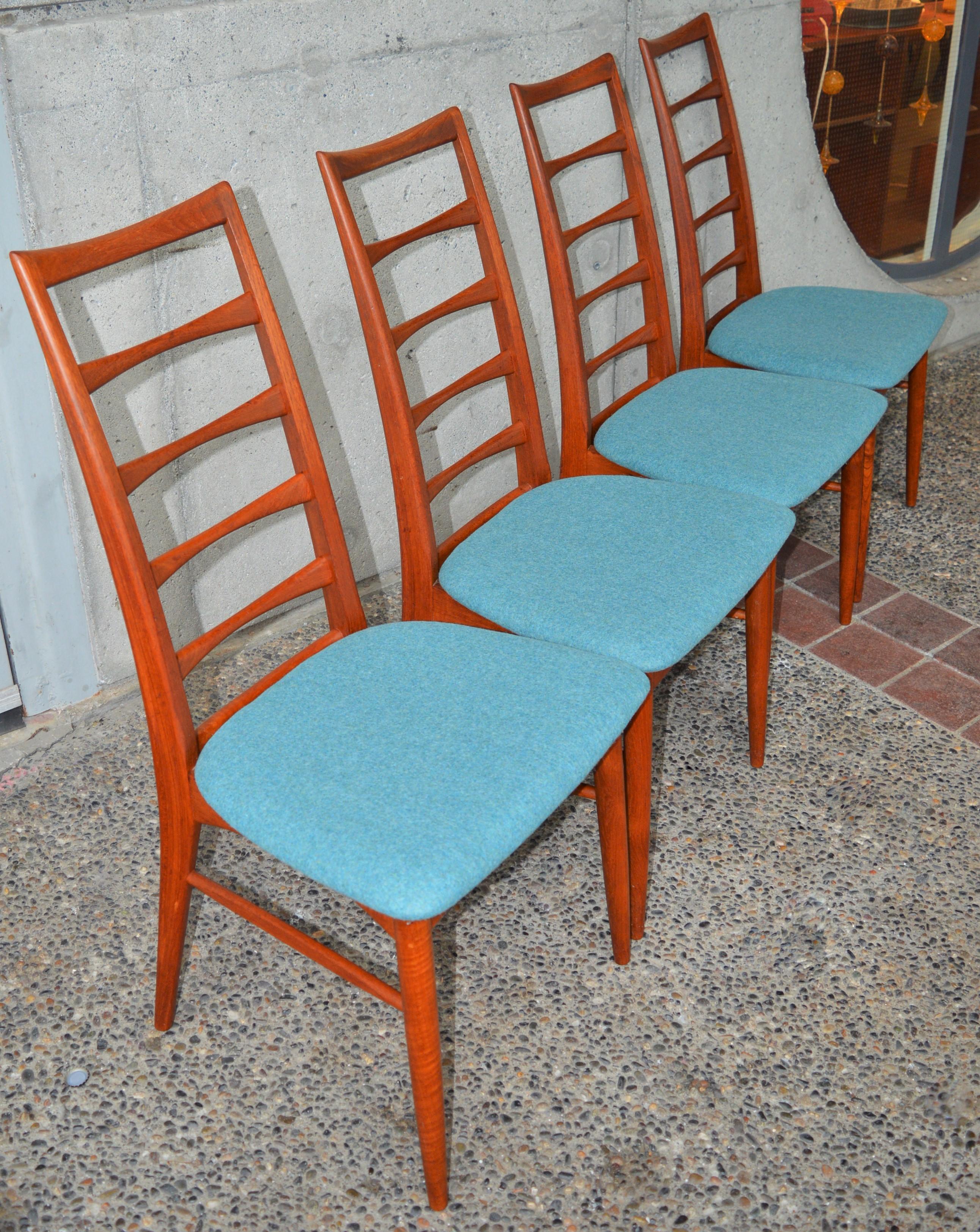 6 Danish Teak Liz Dining Chairs by Koefoeds Hornslet, 2 Armchairs, Blue Wool 9