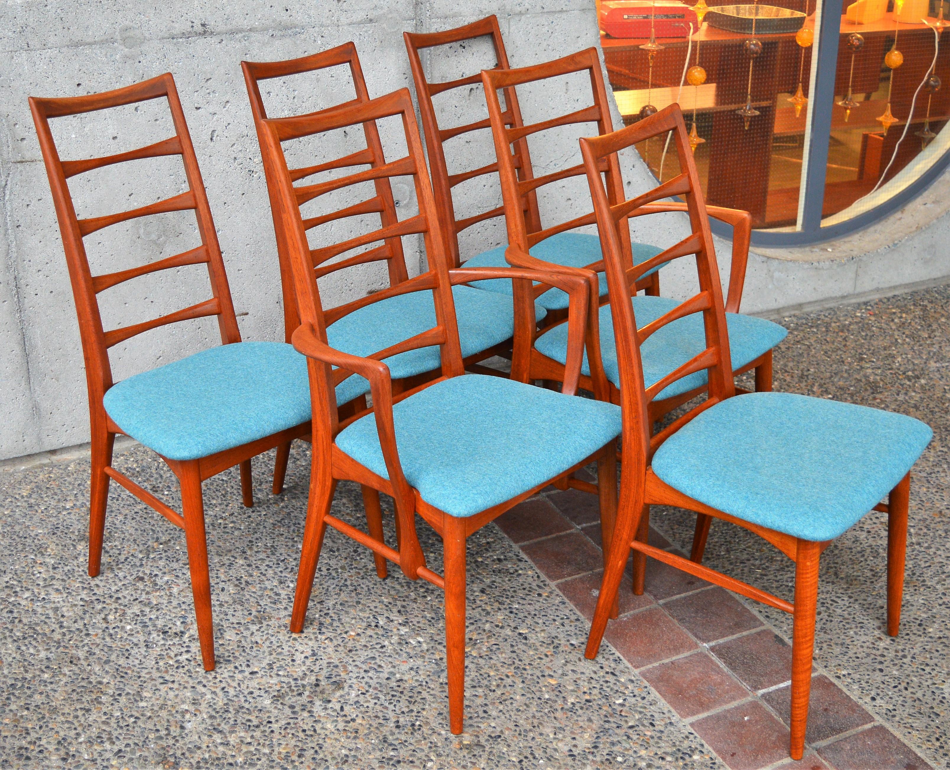 This stellar set of top quality Danish Modern solid teak dining chairs were designed by Niels Koefoed for Koefoeds Hornslet in the 1960s, known as the Liz chair, and bear the Danish Quality Control symbol as well as the makers brand. The chairs